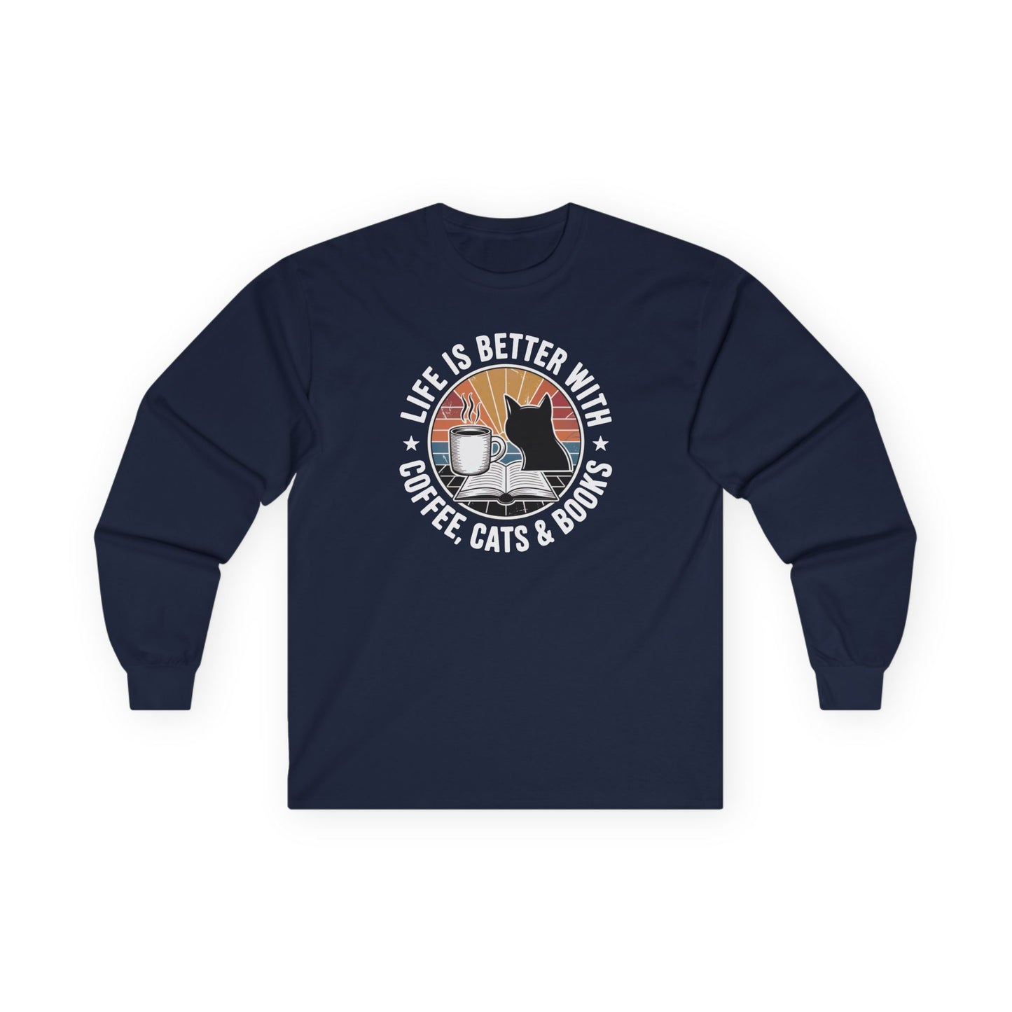 Sunset Reads & Whiskers Long Sleeve featuring coffee, cats, and books design on a navy long sleeve shirt for book lovers.