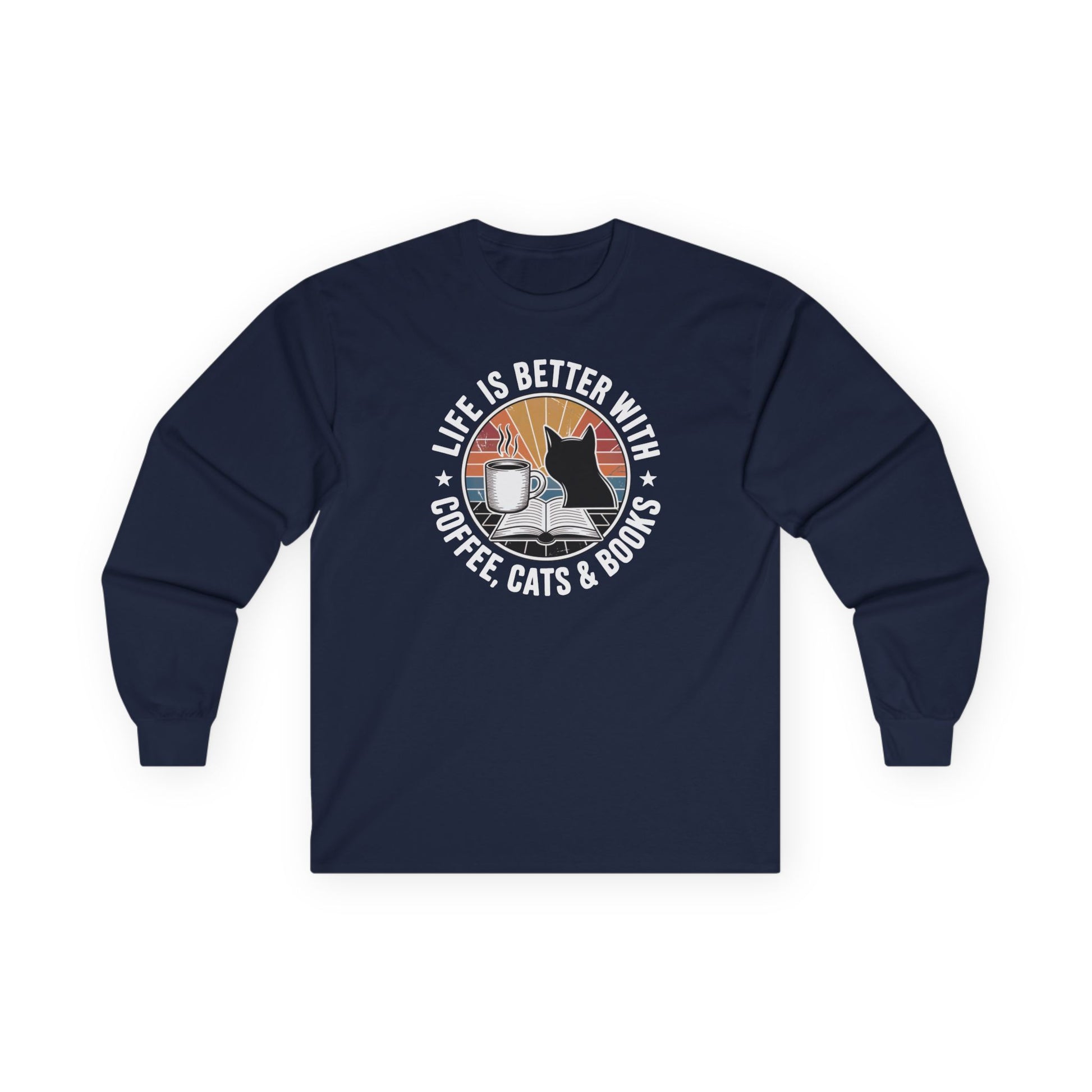 Sunset Reads & Whiskers Long Sleeve featuring coffee, cats, and books design on a navy long sleeve shirt for book lovers.