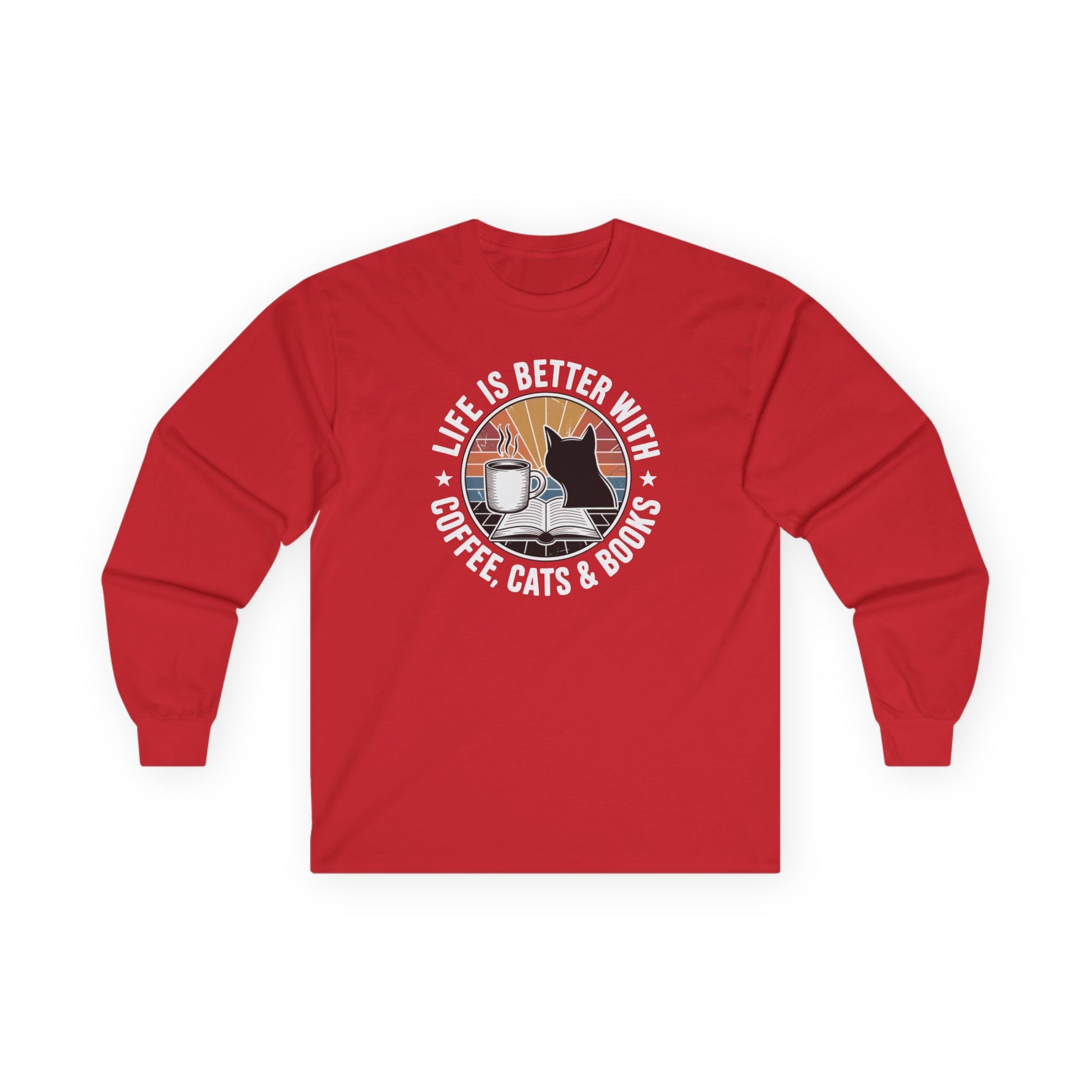 Sunset Reads & Whiskers Long Sleeve shirt featuring a design with coffee, cats, and books, perfect for book lovers.