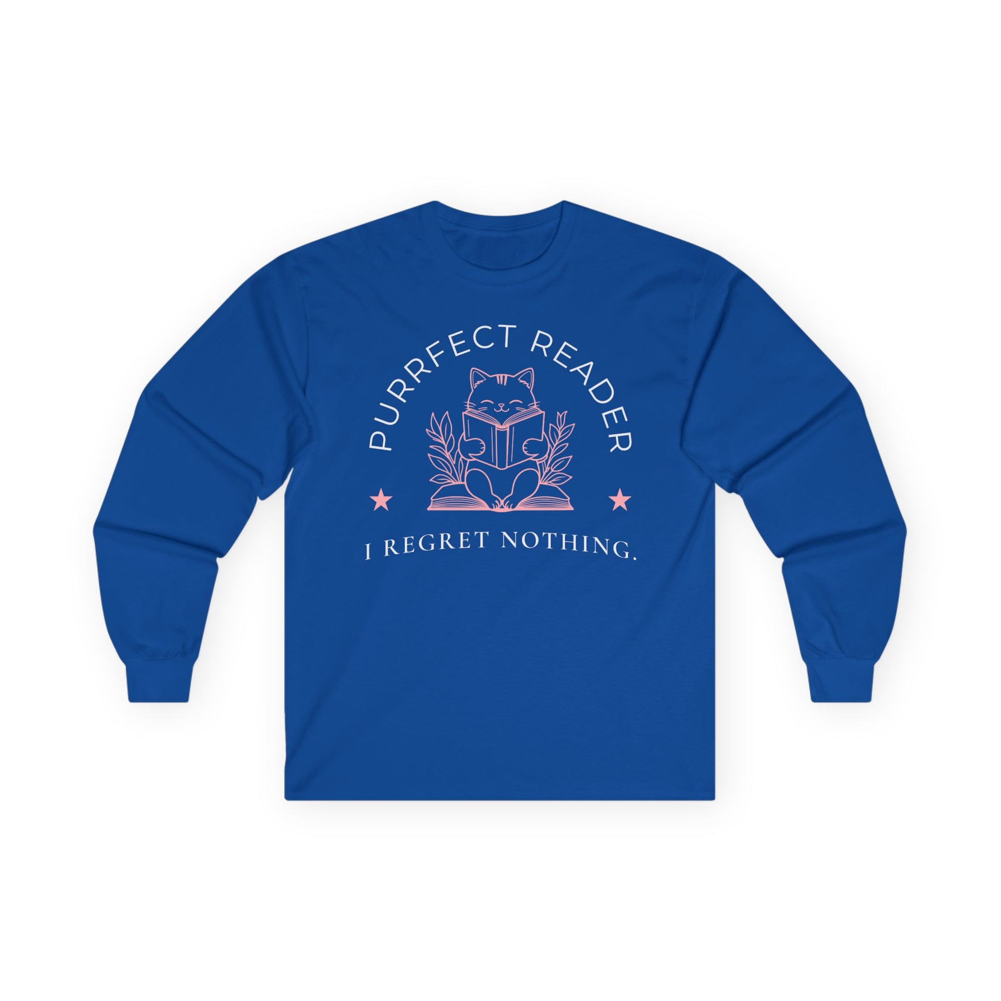 Purrfect Reader 2 Long Sleeve features a cozy cat reading with the phrase 'I Regret Nothing'—the ideal shirt for book lovers.