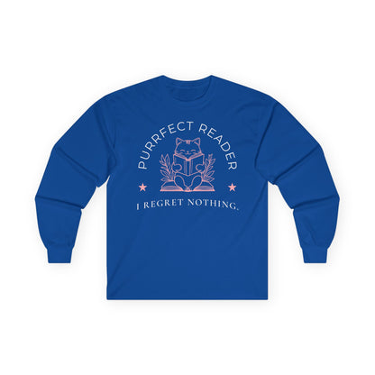 Purrfect Reader 2 Long Sleeve features a cozy cat reading with the phrase 'I Regret Nothing'—the ideal shirt for book lovers.