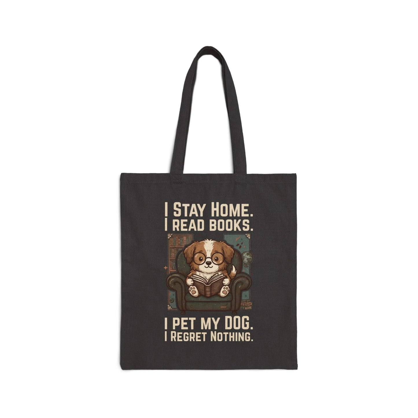 Library Dog Reader Tote Bag featuring a cute dog reading a book, perfect for book lovers and dog lovers.