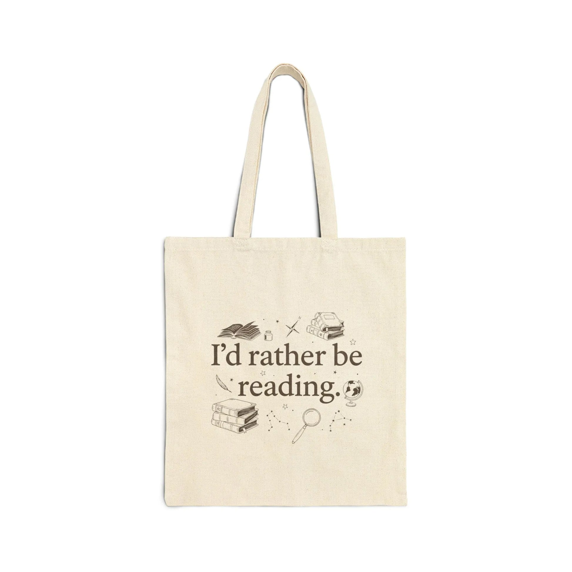 Rather Be Reading 2 Tote Bag featuring charming book illustrations and the phrase "I’d rather be reading," perfect for book lovers.