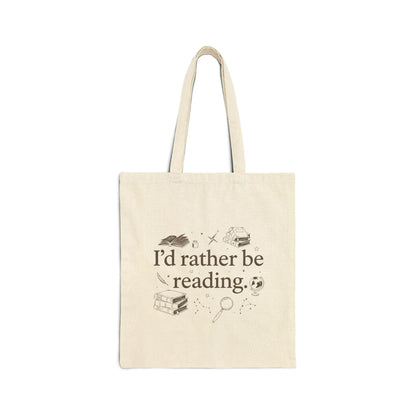 Rather Be Reading 2 Tote Bag featuring charming book illustrations and the phrase "I’d rather be reading," perfect for book lovers.