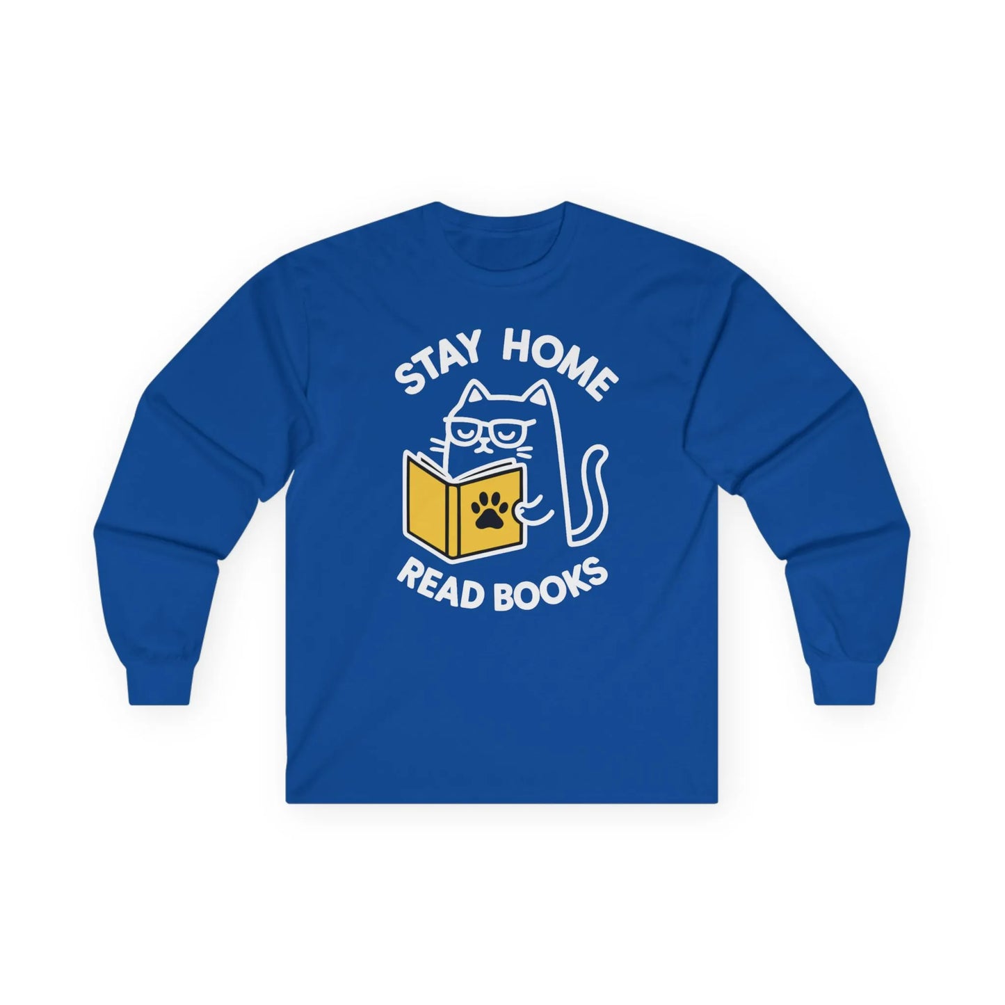 Purrfect Homebody Long Sleeve shirt with a funny cat illustration holding a book, saying 'Stay Home Read Books,' perfect for readers.