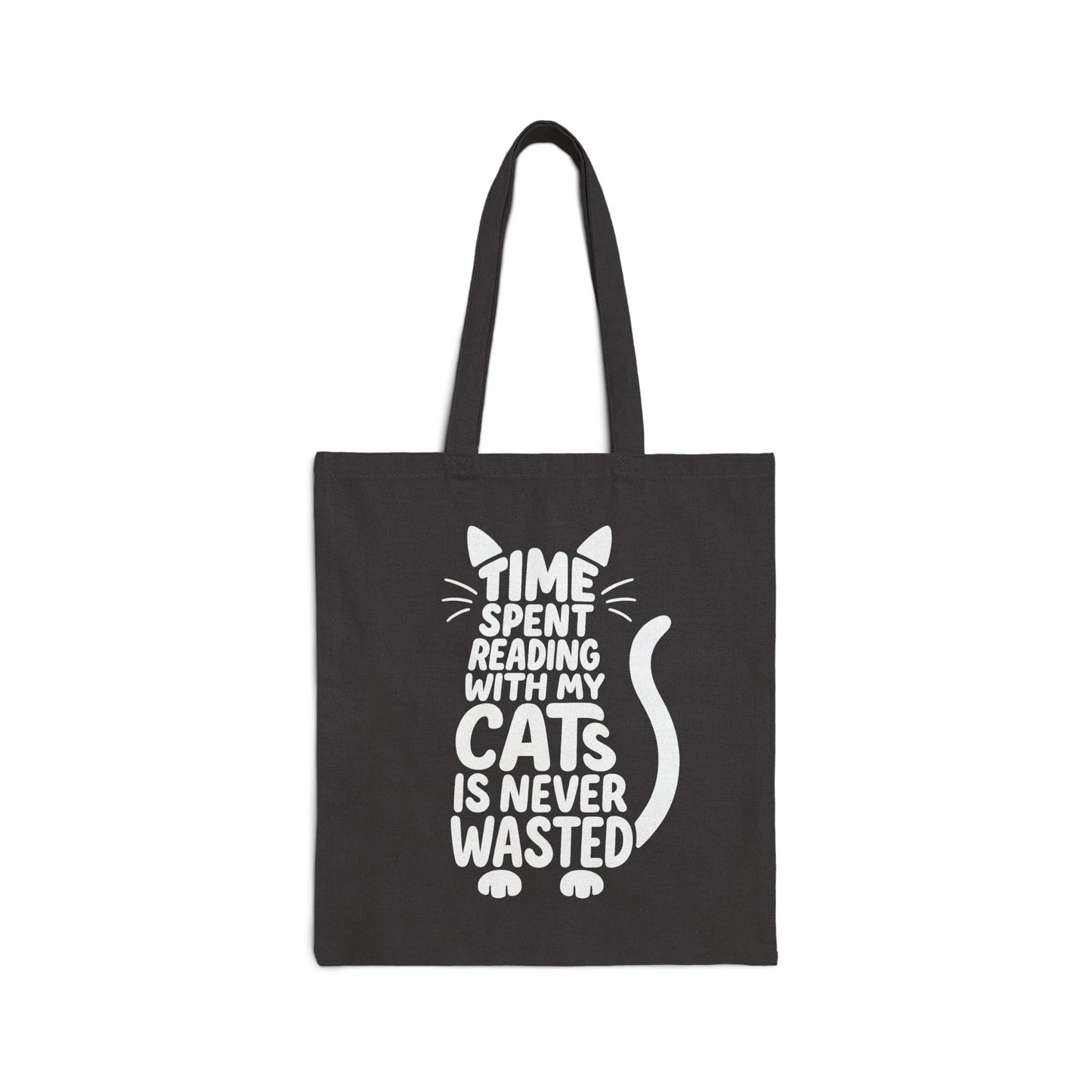 Never Wasted with Cats Tote Bag featuring playful cat-shaped typography, perfect for book lovers, cat enthusiasts, and cozy reading times.