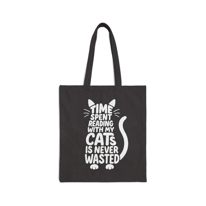 Never Wasted with Cats Tote Bag featuring playful cat-shaped typography, perfect for book lovers, cat enthusiasts, and cozy reading times.
