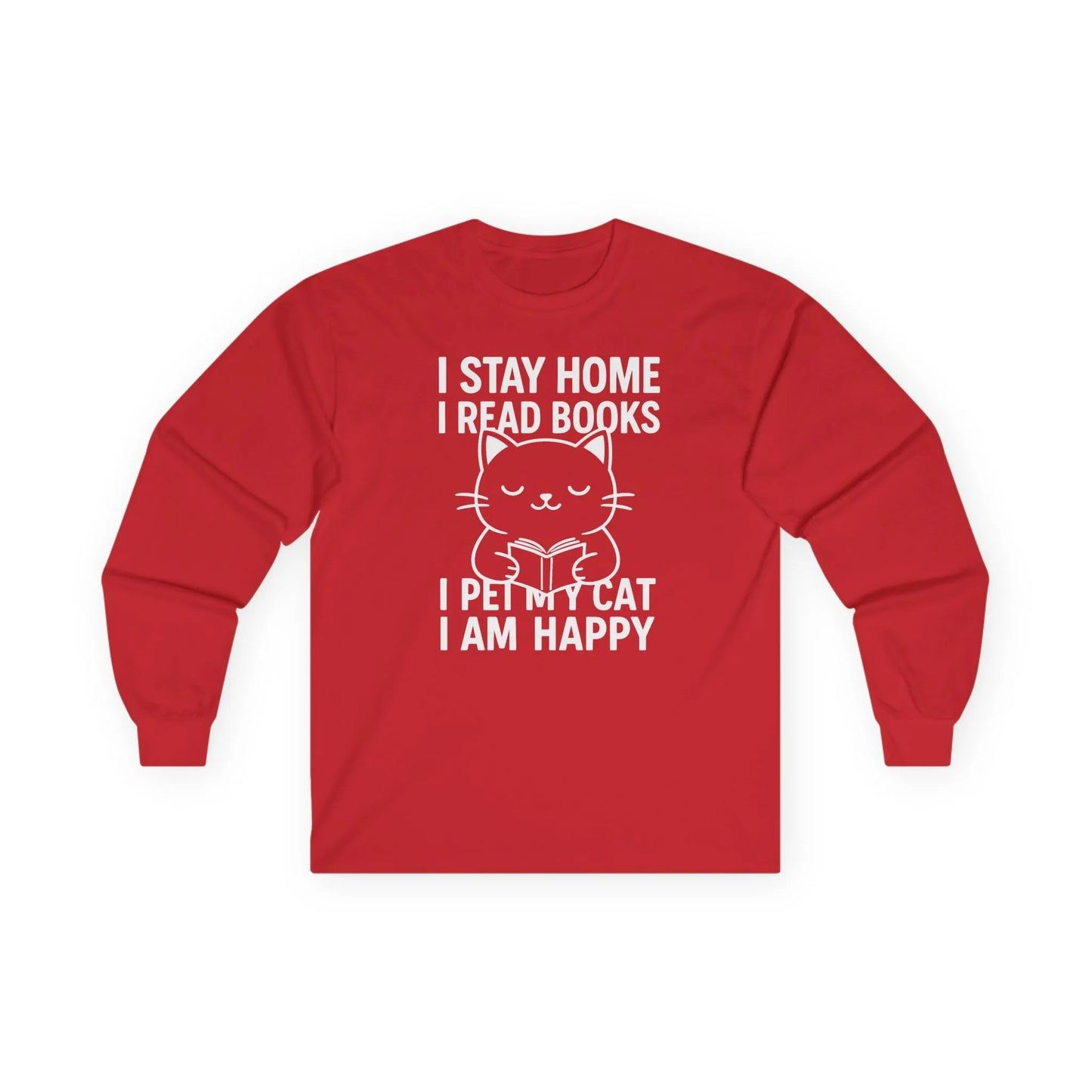 Happy Cat Reader Long Sleeve in red cotton, featuring a cute cat design with reading quotes. Perfect bookworm long sleeve tee.