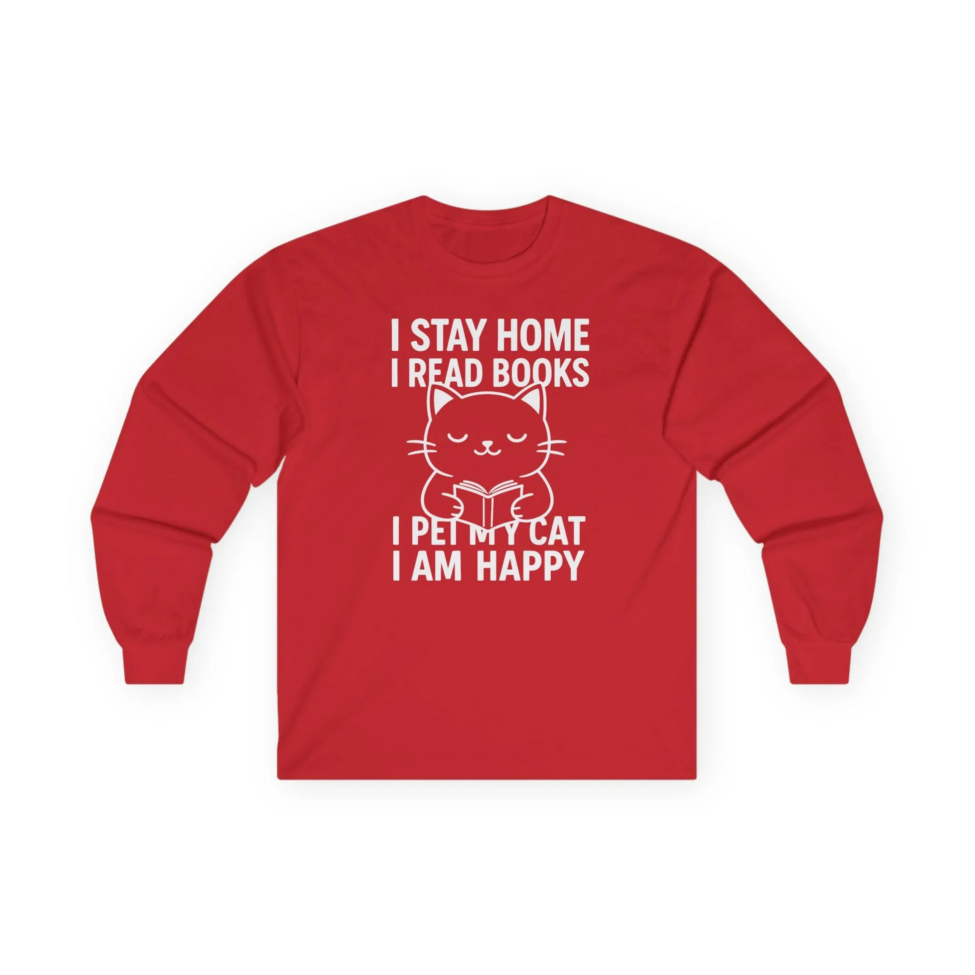 Happy Cat Reader Long Sleeve in red cotton, featuring a cute cat design with reading quotes. Perfect bookworm long sleeve tee.