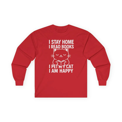 Happy Cat Reader Long Sleeve in red cotton, featuring a cute cat design with reading quotes. Perfect bookworm long sleeve tee.