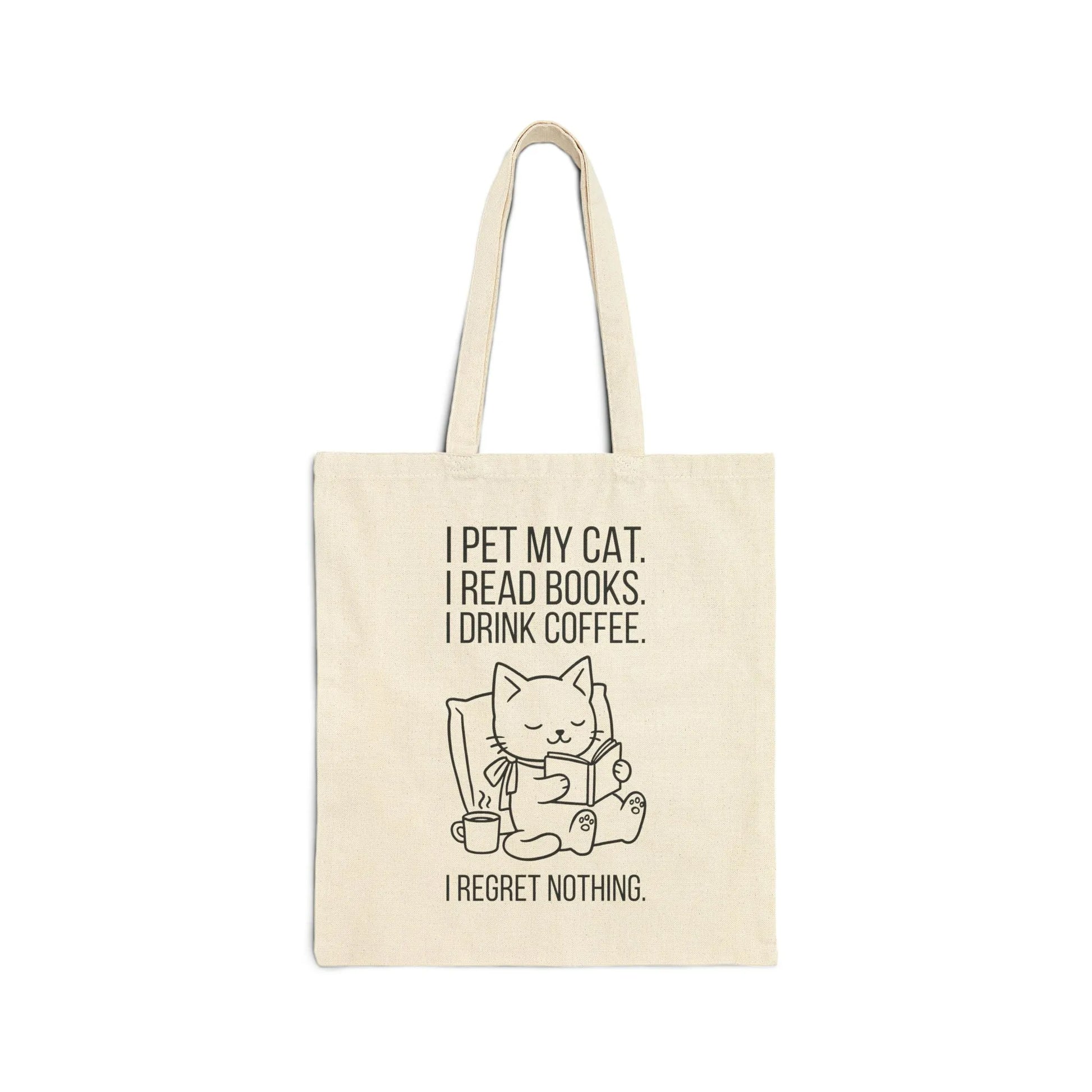 Cat. Books. Coffee. Tote Bag featuring a cute cat with the phrase: "I pet my cat. I read books. I drink coffee. I regret nothing."