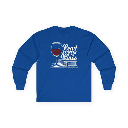 Read Between the Wines Long Sleeve blue long sleeve shirt featuring a wine glass and book illustration, perfect for book lovers.