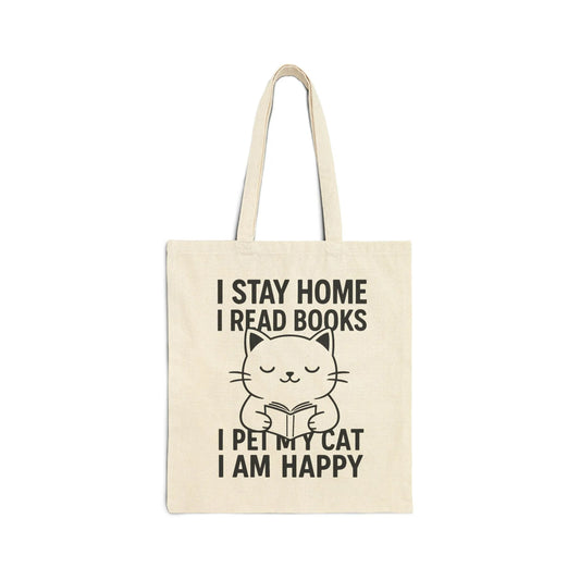 Happy Cat Reader Tote Bag featuring a cute cat reading with text: 'I stay home, I read books, I pet my cat, I am happy.' Perfect for cozy moments.