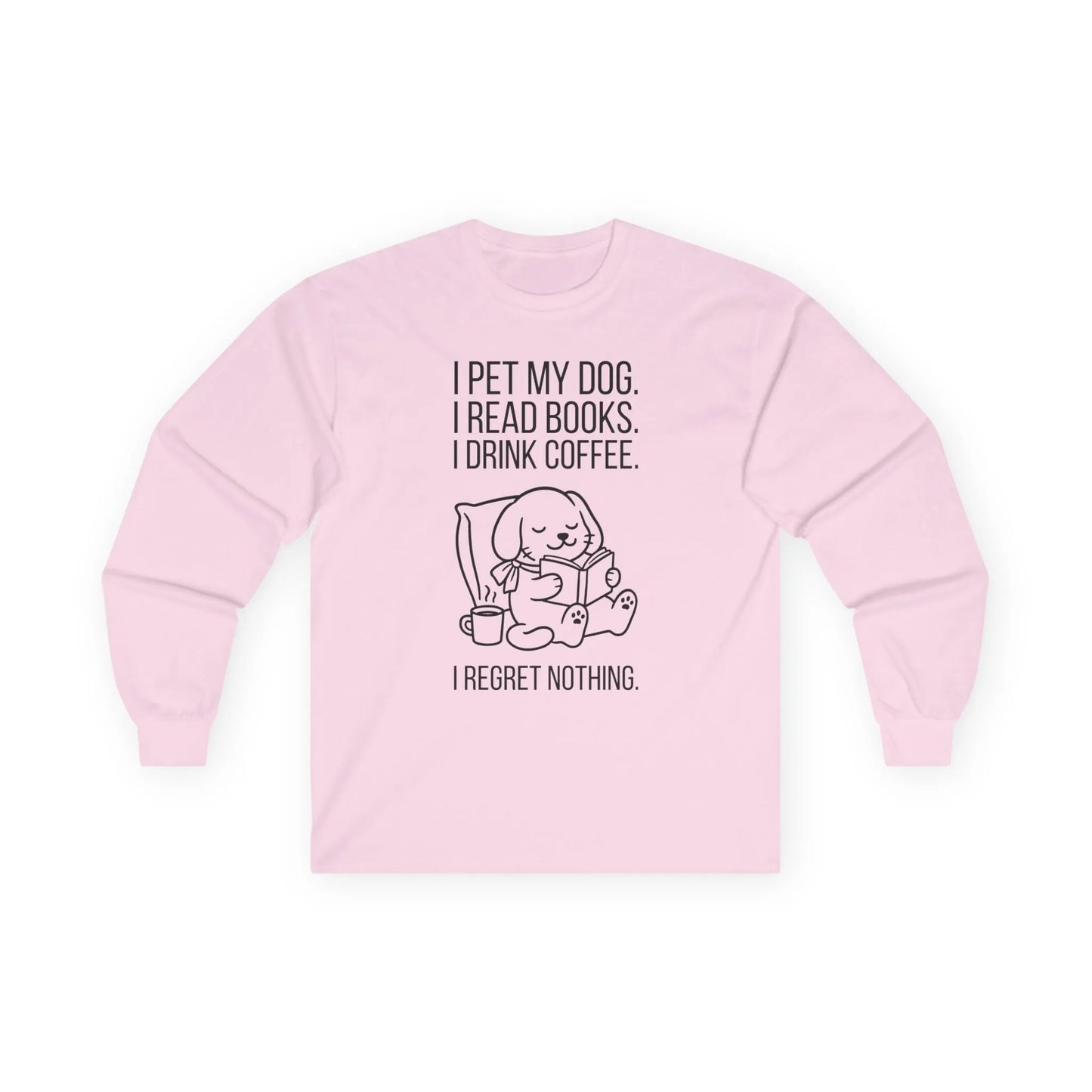 Dogs, Books & Coffee Long Sleeve on pink sweatshirt featuring cozy dog reading and funny quote for book lovers.