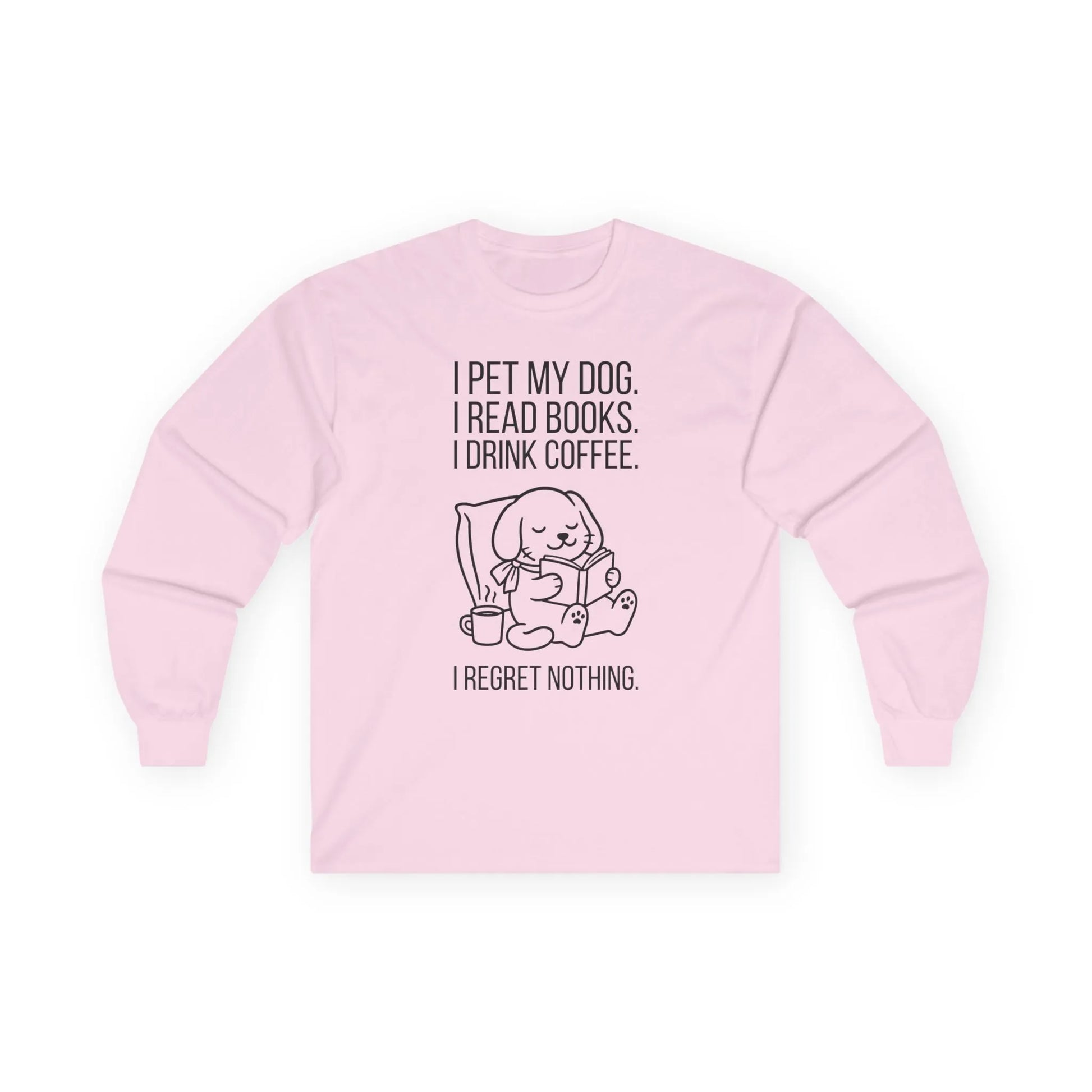 Dogs, Books & Coffee Long Sleeve on pink sweatshirt featuring cozy dog reading and funny quote for book lovers.