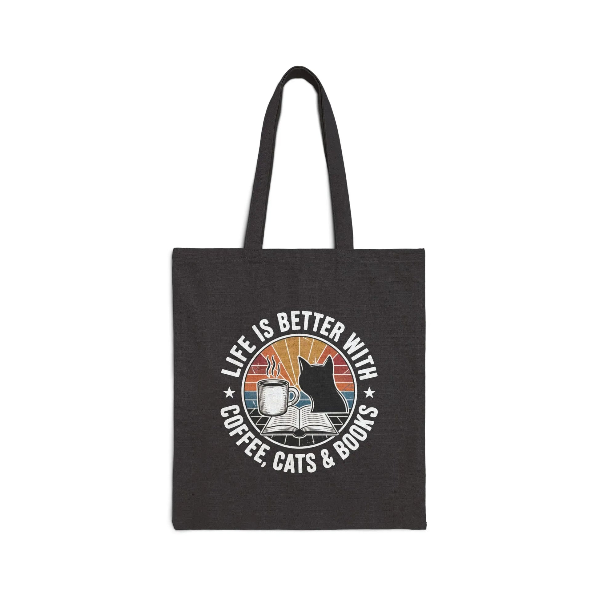 Sunset Reads & Whiskers Tote Bag featuring a cat, coffee, and books with a retro sunset design, perfect for book lovers.