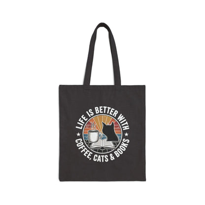 Sunset Reads & Whiskers Tote Bag featuring a cat, coffee, and books with a retro sunset design, perfect for book lovers.