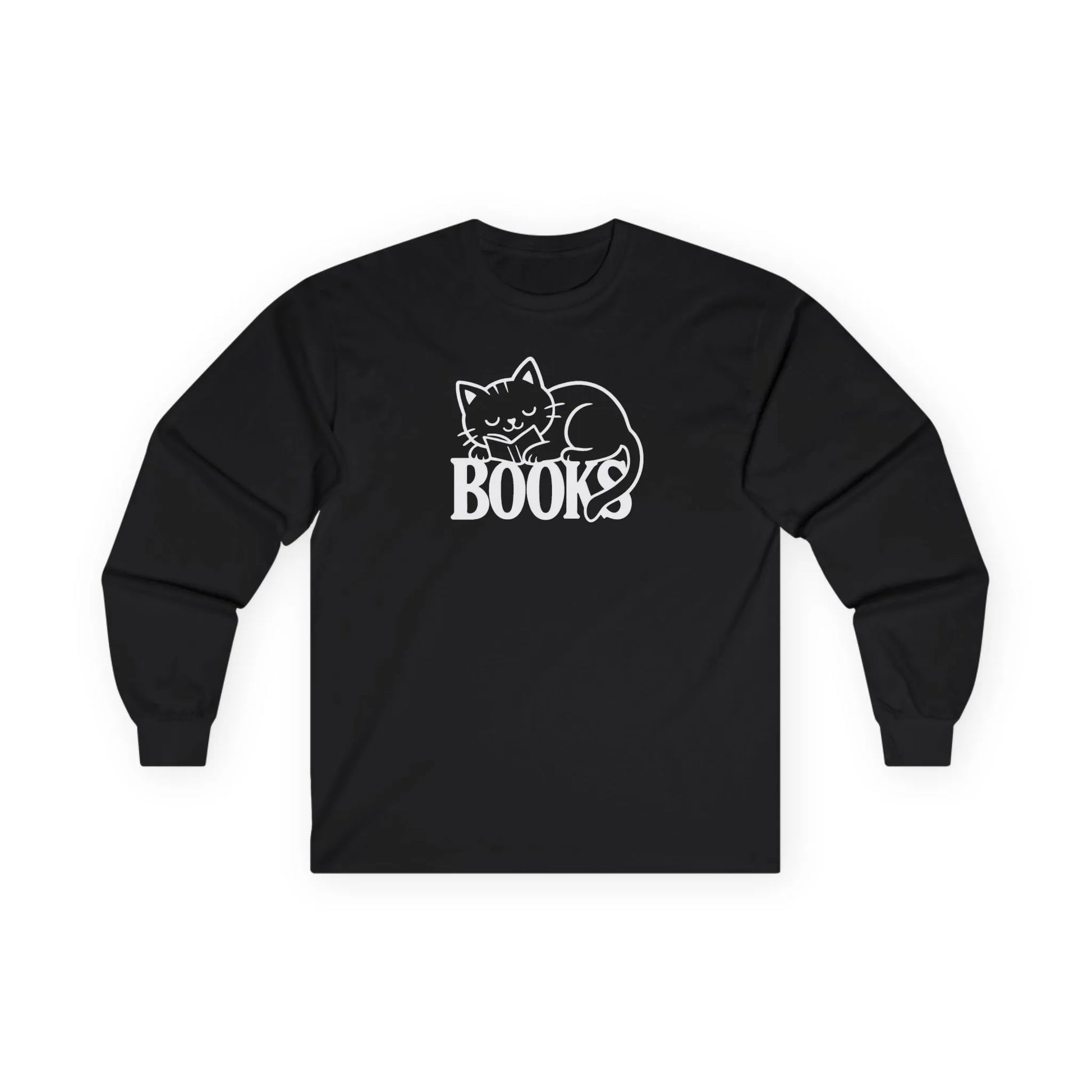 Cozy Catnap & Books Long Sleeve features a sleeping cat illustration above the word 'BOOKS', perfect for book lovers.