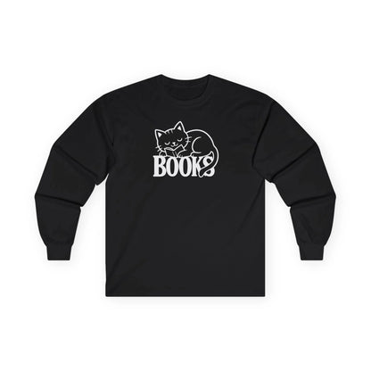 Cozy Catnap & Books Long Sleeve features a sleeping cat illustration above the word 'BOOKS', perfect for book lovers.