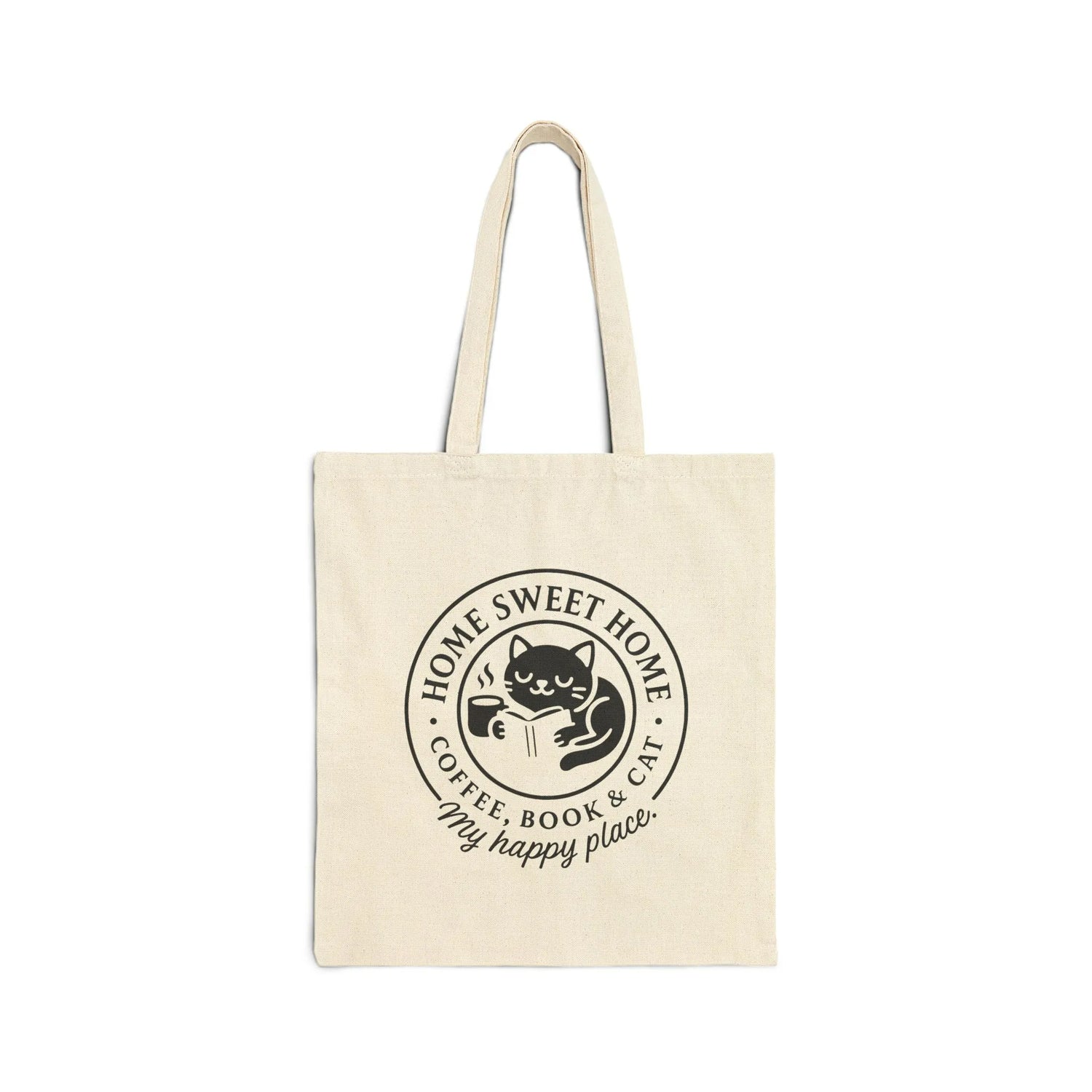 Cozy Cat Haven Tote Bag featuring cat and coffee design, perfect gift for book lovers and cat enthusiasts.
