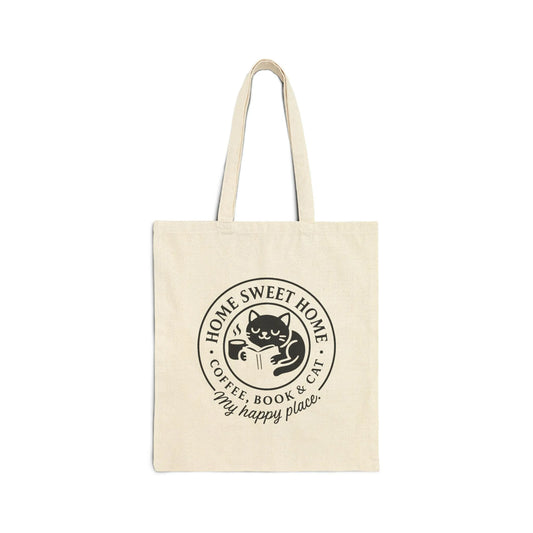 Cozy Cat Haven Tote Bag featuring cat and coffee design, perfect gift for book lovers and cat enthusiasts.