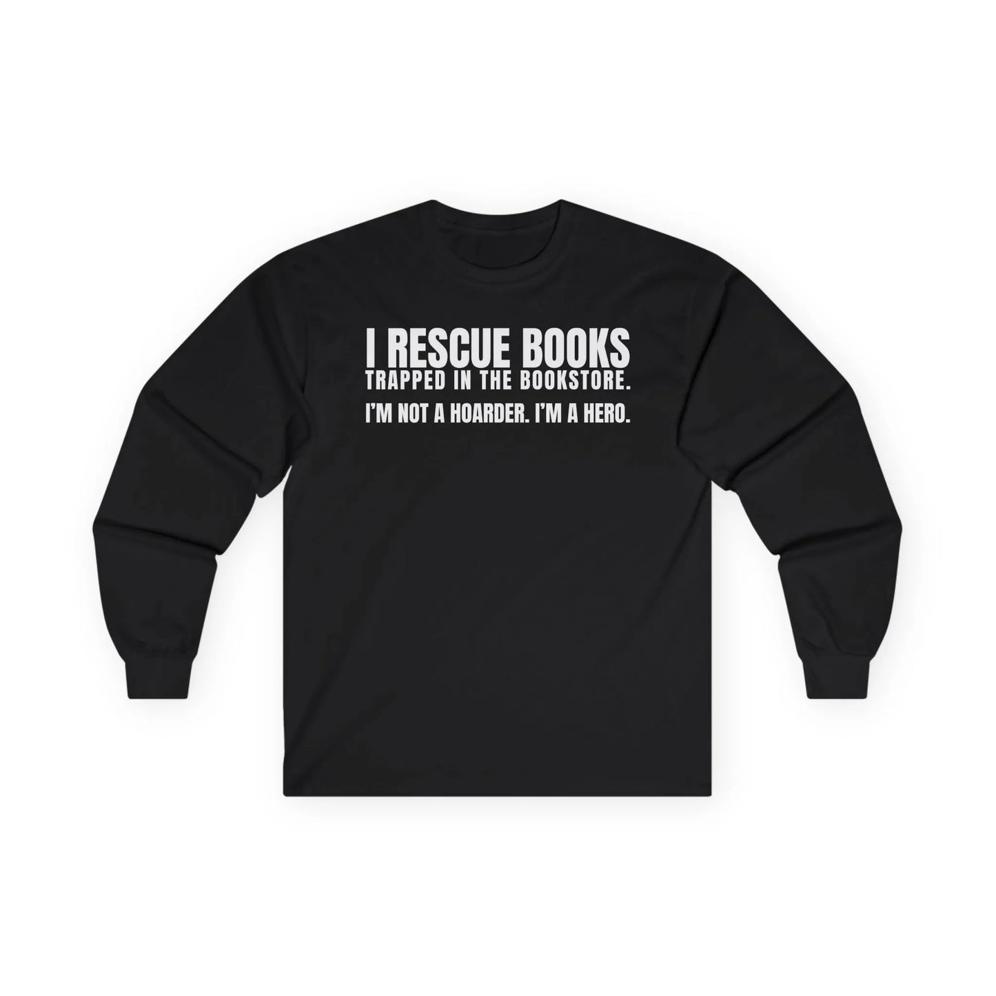 Funny reading tee featuring "I Rescue Books" text for book lovers, perfect gift for cozy coffee and cat enthusiasts.