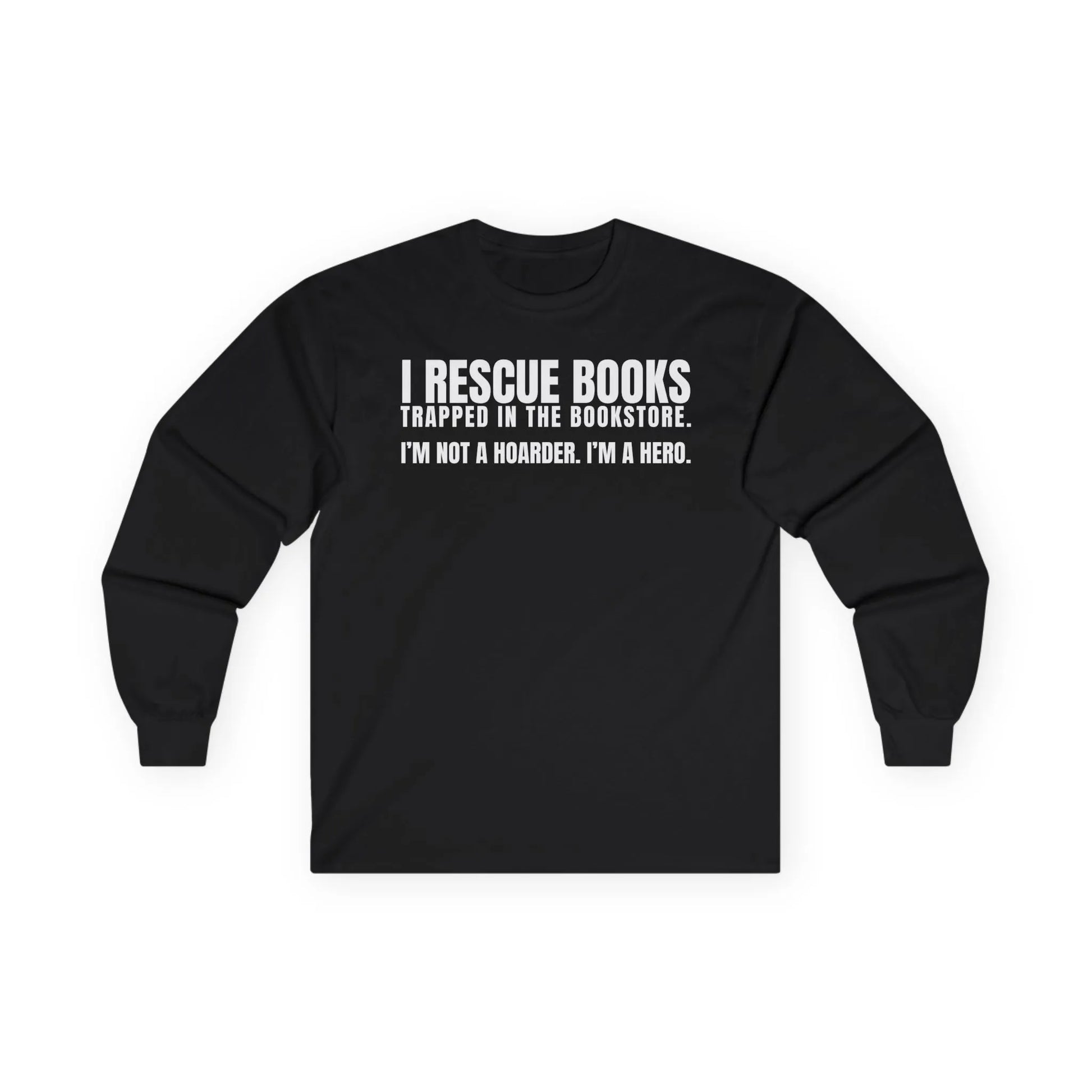 Funny reading tee featuring "I Rescue Books" text for book lovers, perfect gift for cozy coffee and cat enthusiasts.