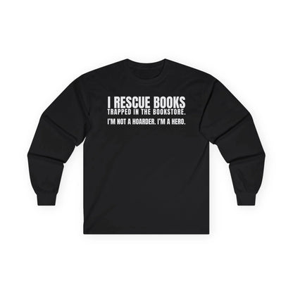 Funny reading tee featuring "I Rescue Books" text for book lovers, perfect gift for cozy coffee and cat enthusiasts.