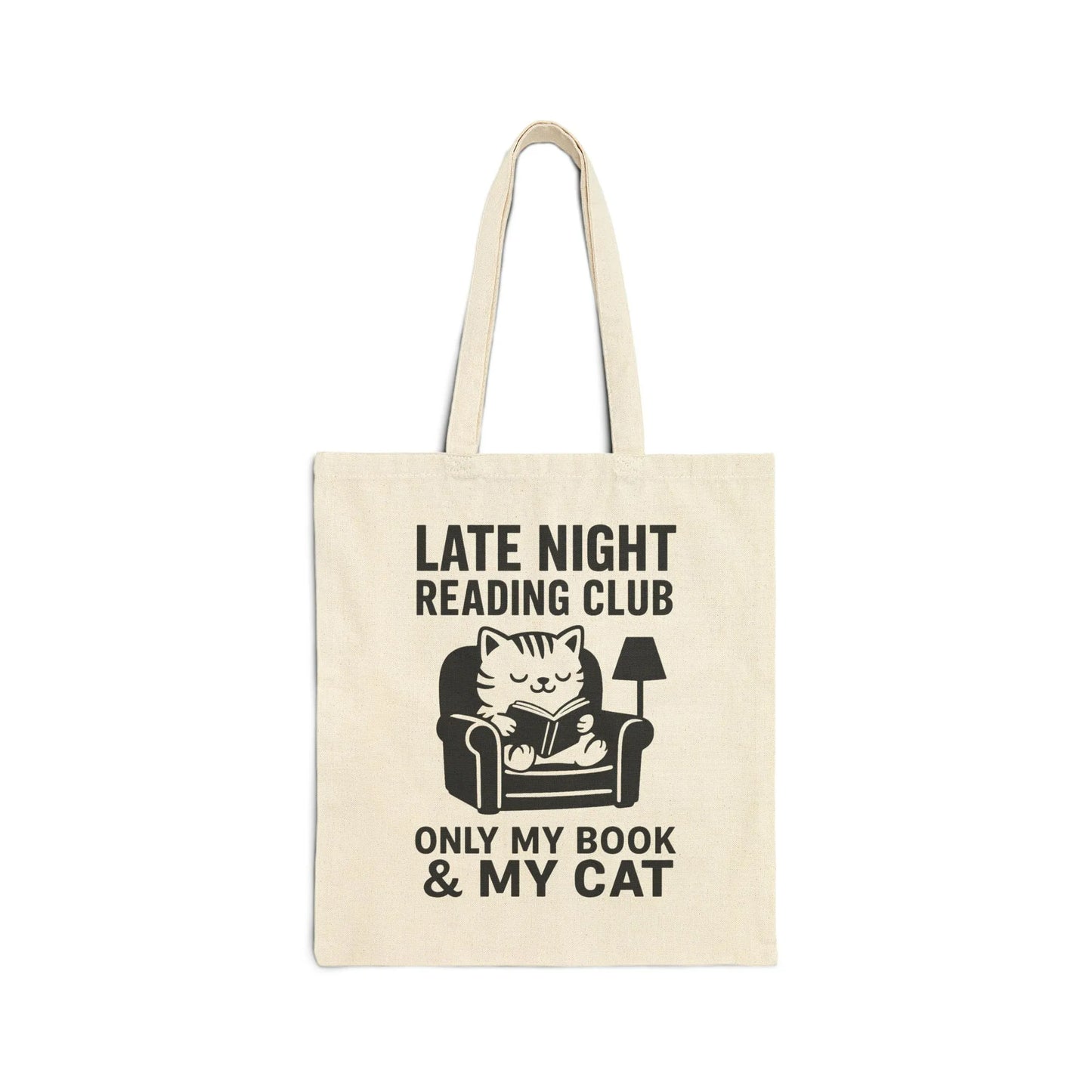 Late Night Reading Club Tote Bag featuring a relaxed cat reading a book, perfect for cat lovers and cozy book nights.