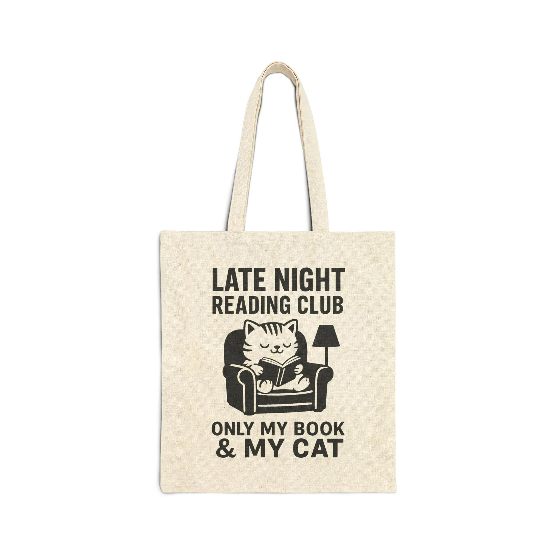 Late Night Reading Club Tote Bag featuring a relaxed cat reading a book, perfect for cat lovers and cozy book nights.