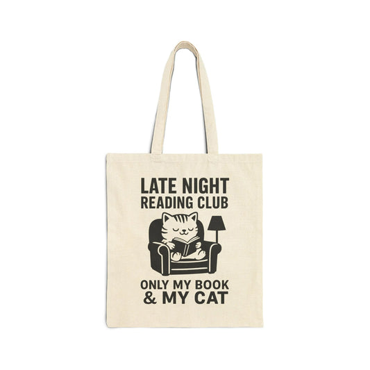Late Night Reading Club Tote Bag featuring a relaxed cat reading a book, perfect for cat lovers and cozy book nights.