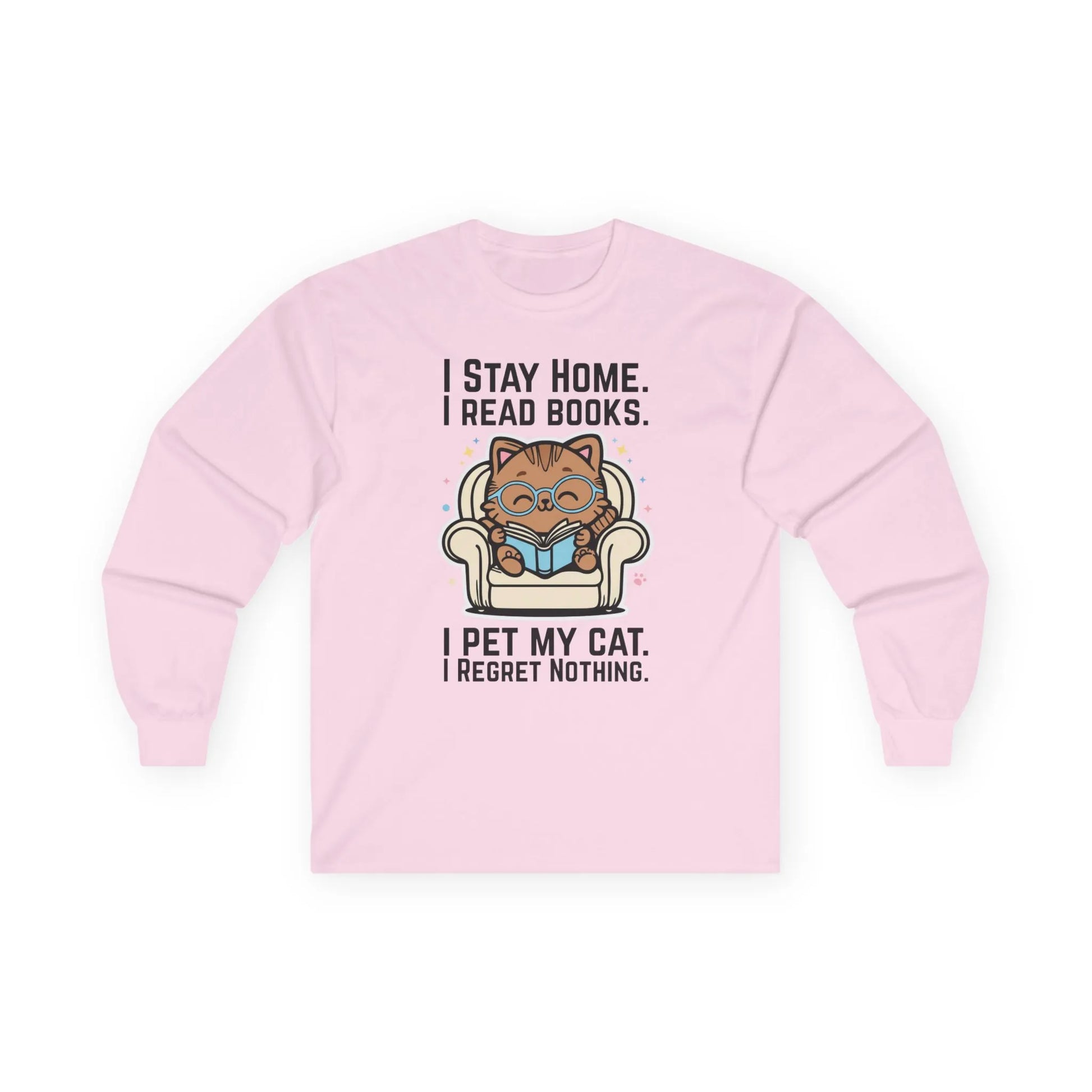 Starry Cat Reader Long Sleeve shirt with cute cat illustration and text: 'I stay home. I read books. I pet my cat. I regret nothing.'