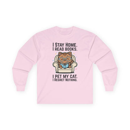 Starry Cat Reader Long Sleeve shirt with cute cat illustration and text: 'I stay home. I read books. I pet my cat. I regret nothing.'