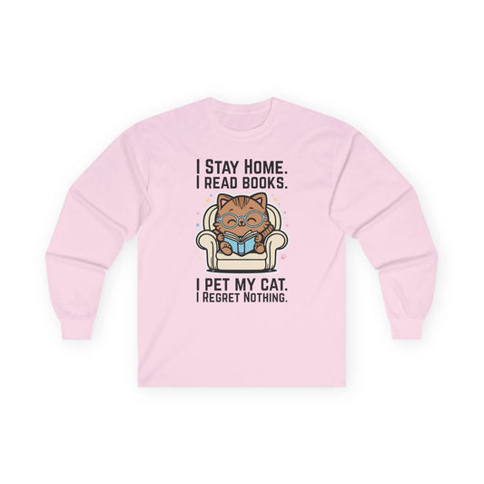 Starry Cat Reader Long Sleeve shirt with cute cat illustration and text: 'I stay home. I read books. I pet my cat. I regret nothing.'