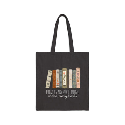 Too Many Books Tote Bag featuring colorful book designs, made of durable canvas, perfect for book lovers.