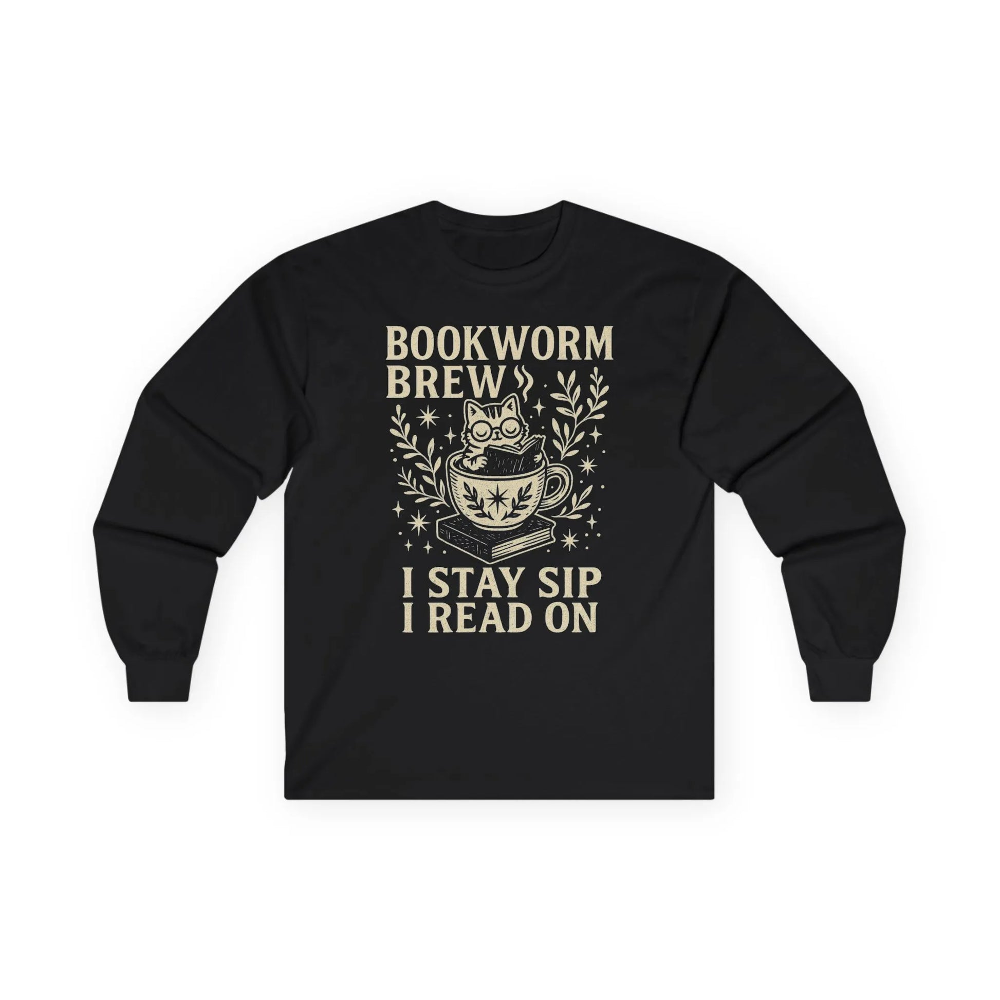 Cozy black long sleeve featuring a cat in a cup with "Bookworm Brew" and "I stay sip, I read on"—a perfect gift for book lovers!