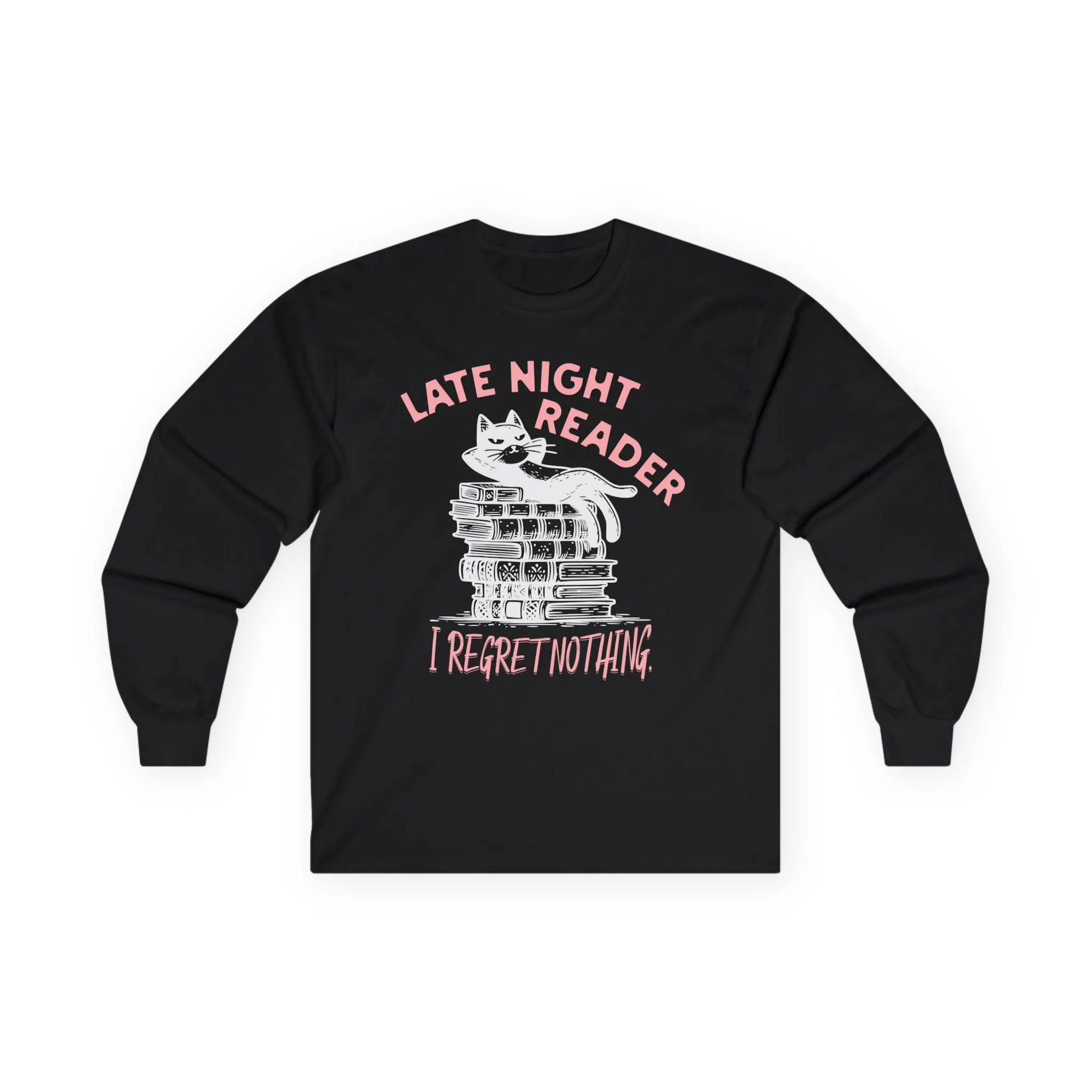 Late Night Reader Long Sleeve shirt featuring a relaxed cat on books with the phrase "I Regret Nothing". A cozy choice for book lovers.