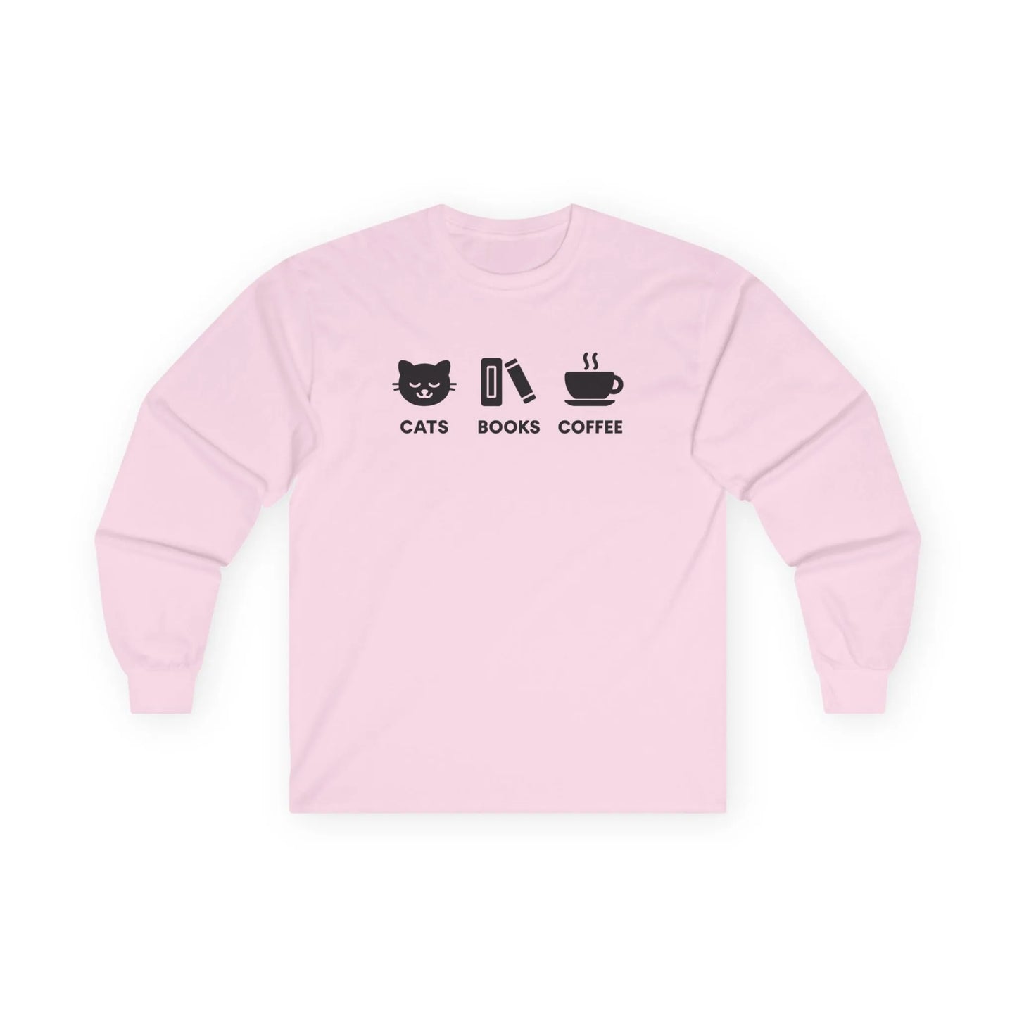 Holy Trinity Long Sleeve shirt in pink featuring playful graphics of a cat, book, and coffee for cozy readers.