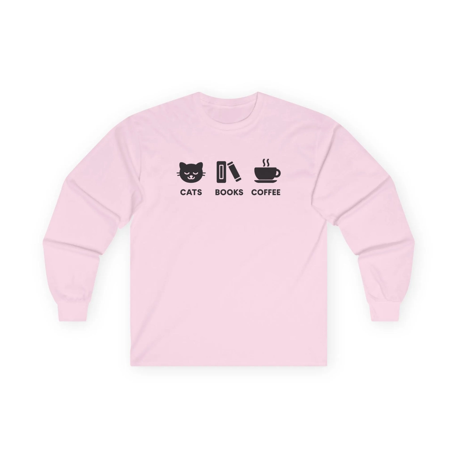 Holy Trinity Long Sleeve shirt in pink featuring playful graphics of a cat, book, and coffee for cozy readers.