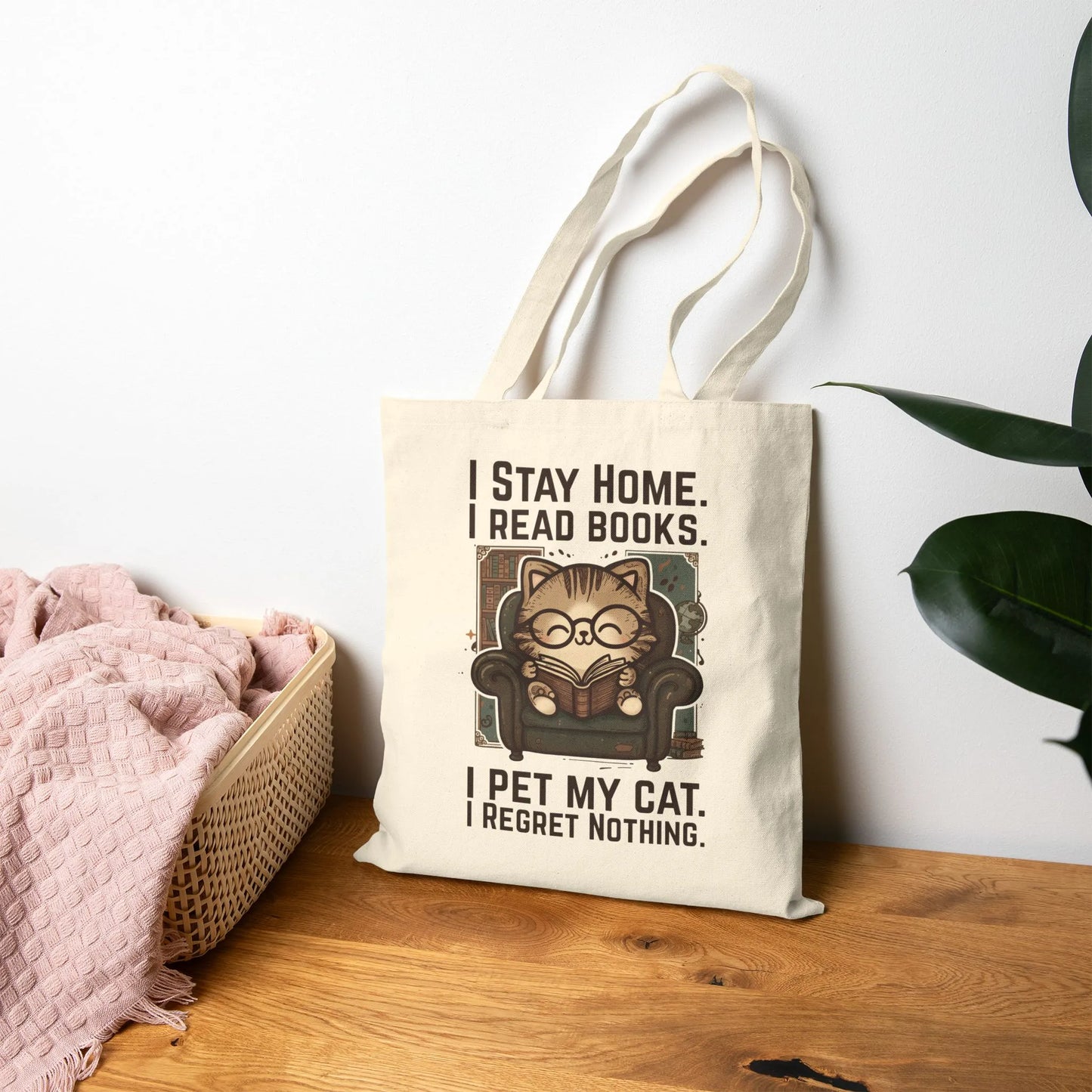 Library Cat Reader Tote Bag featuring a cute cat design and motivational quotes for book lovers.