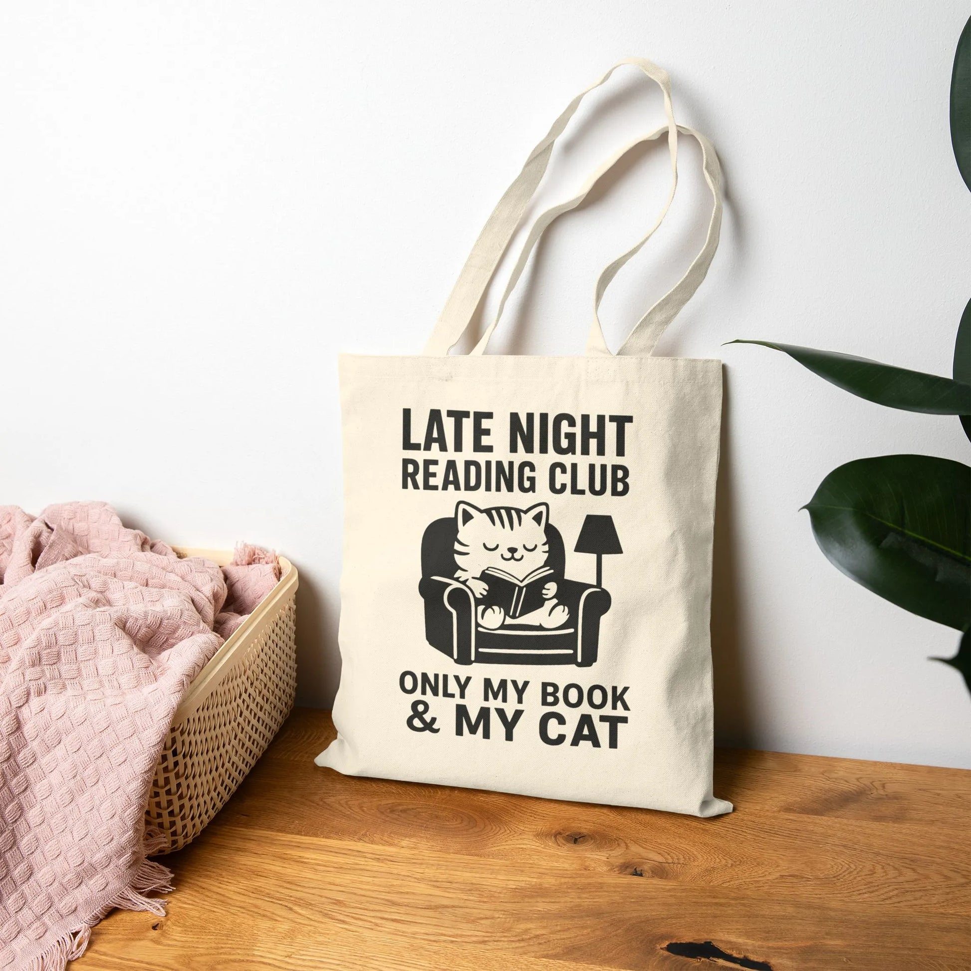 Late Night Reading Club Tote Bag featuring a cat in an armchair with the text 'Only My Book & My Cat', perfect for cozy readers.