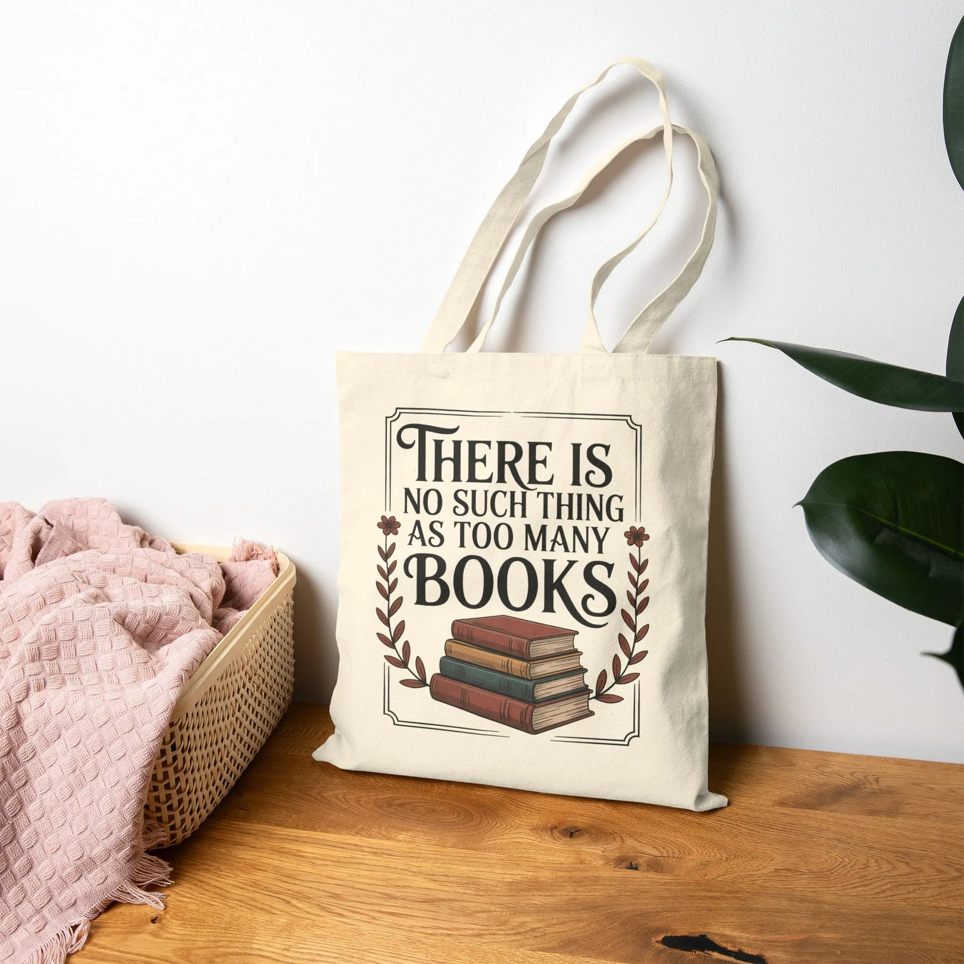 Too Many? Never. Tote Bag featuring book design on durable canvas, perfect for book lovers and readers.