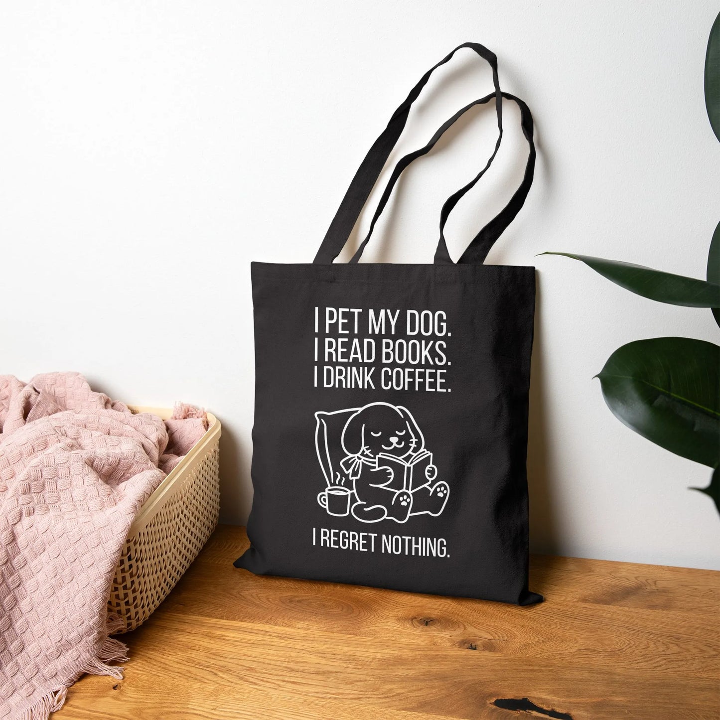 Dogs, Books & Coffee Tote Bag featuring a cute dog, coffee cup, and humorous text—perfect for book lovers!