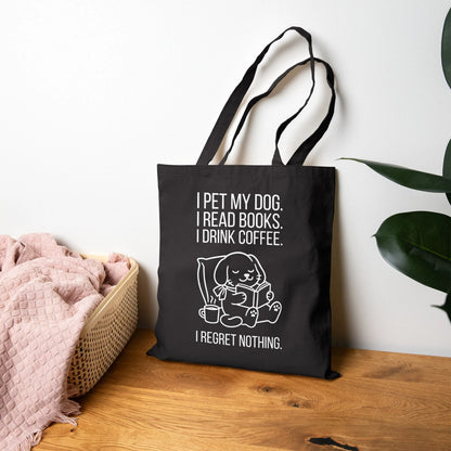 Dogs, Books & Coffee Tote Bag featuring a cute dog, coffee cup, and humorous text—perfect for book lovers!