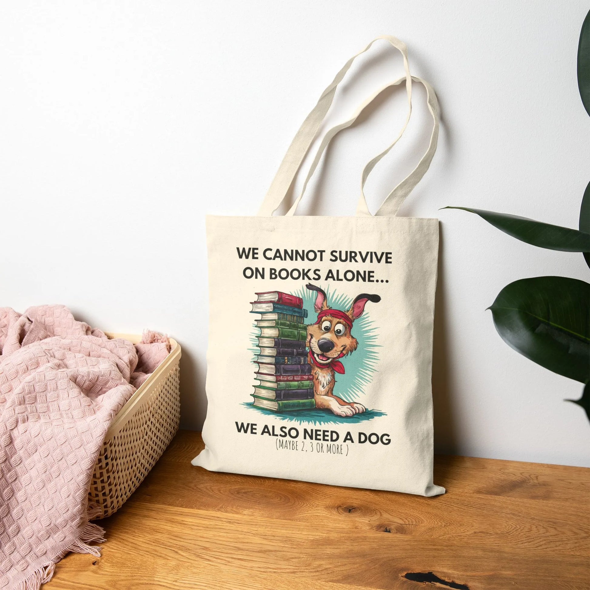 Books & Dogs, Perfect Combo Tote Bag featuring a cartoon dog with books, durable canvas material perfect for book lovers.