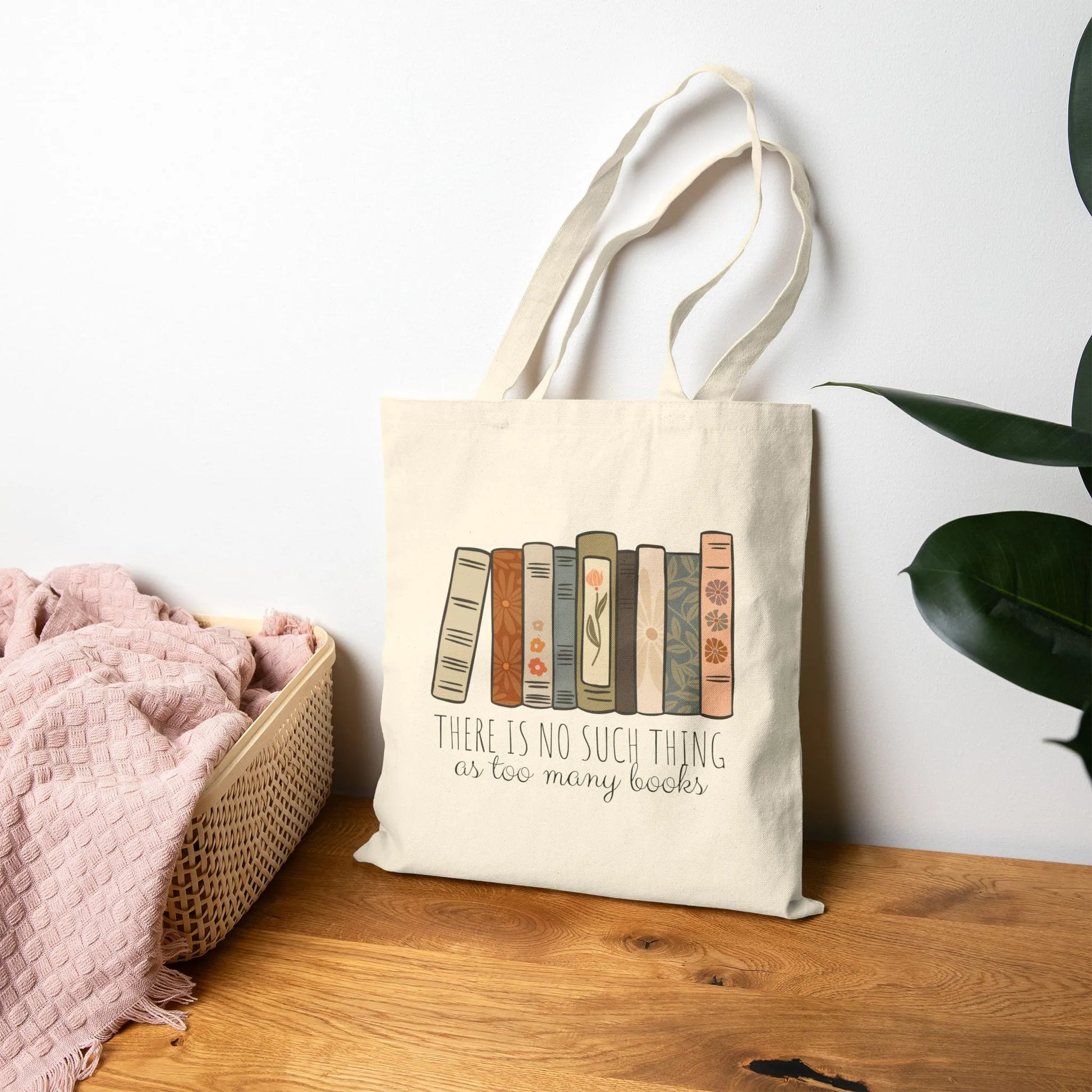 Too Many Books Tote Bag featuring book design, perfect for book lovers and readers, made from durable cotton canvas.