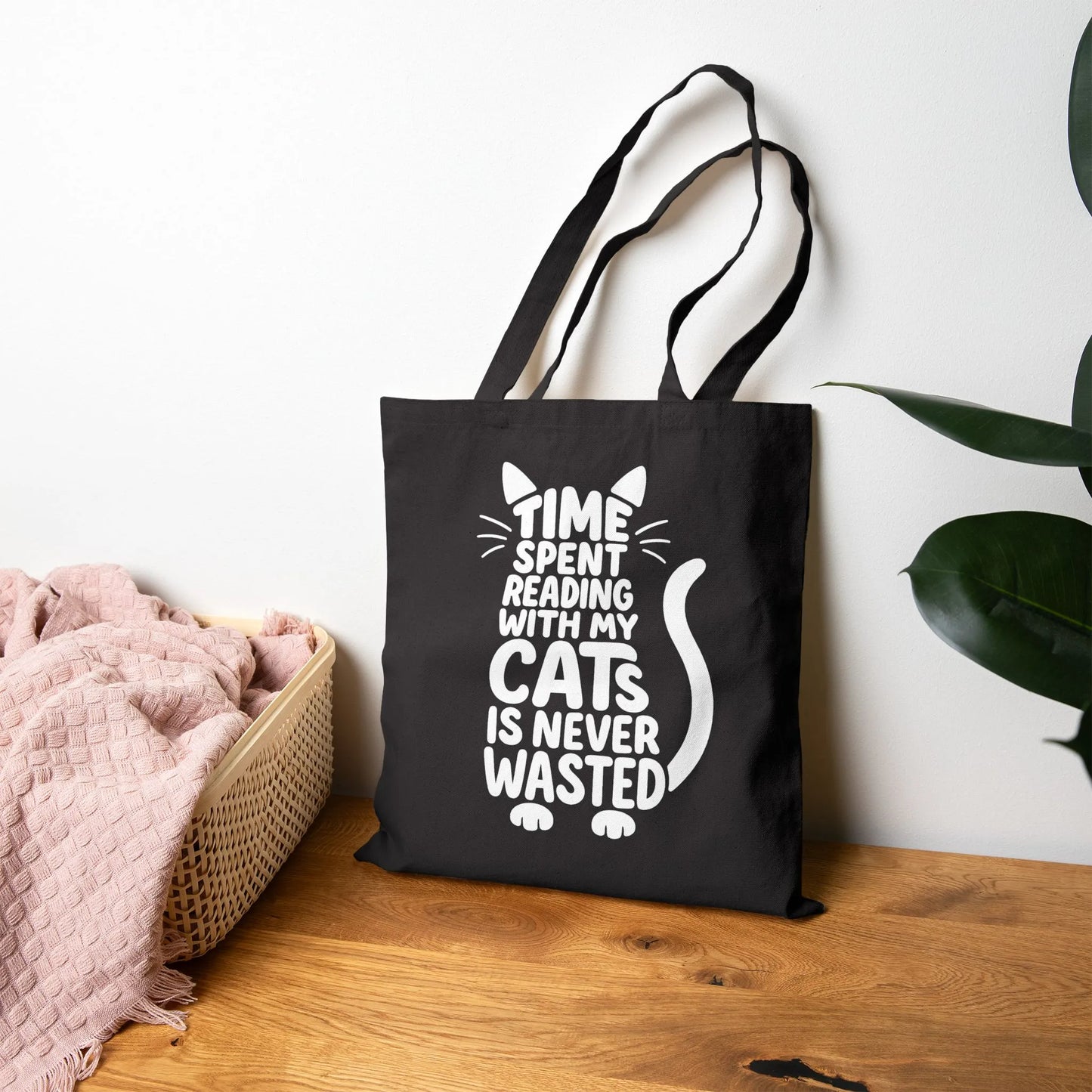 Never Wasted with Cats Tote Bag featuring playful cat typography and text: 'Time Spent Reading With My Cats Is Never Wasted'.