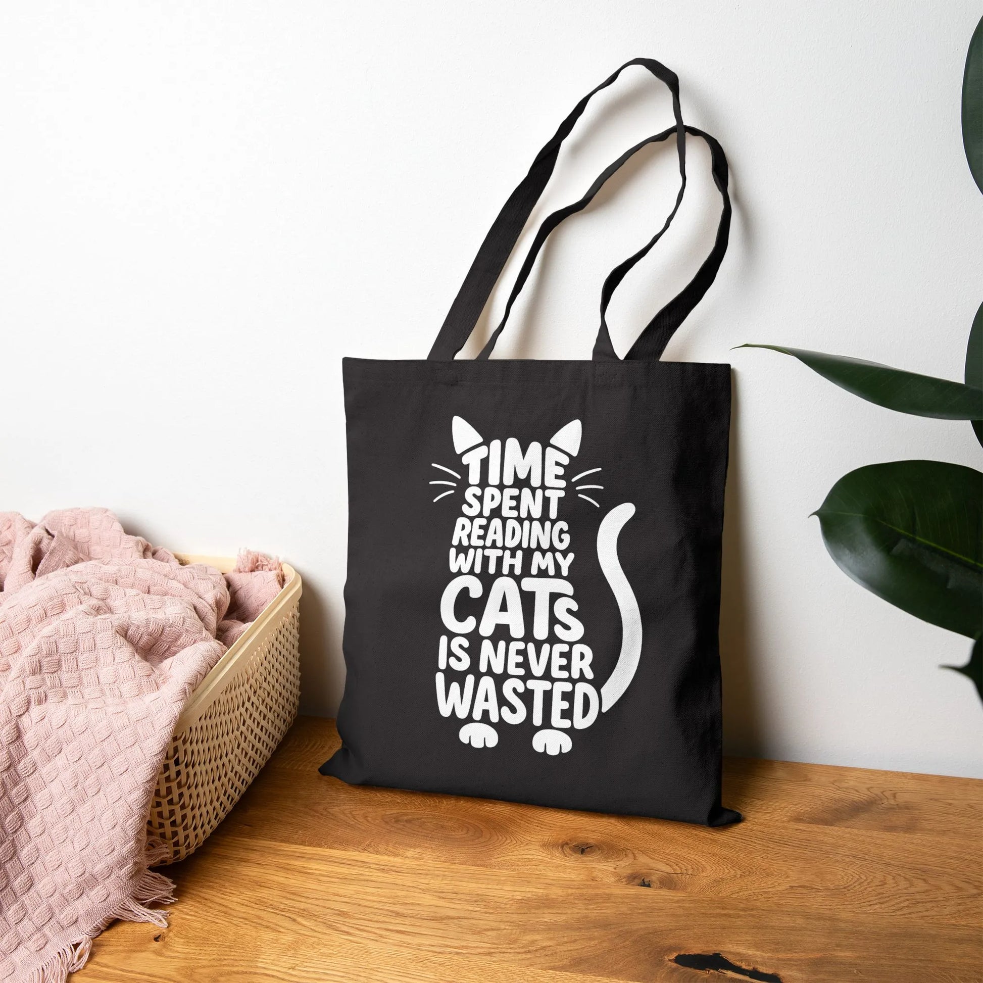 Never Wasted with Cats Tote Bag featuring playful cat typography and text: 'Time Spent Reading With My Cats Is Never Wasted'.
