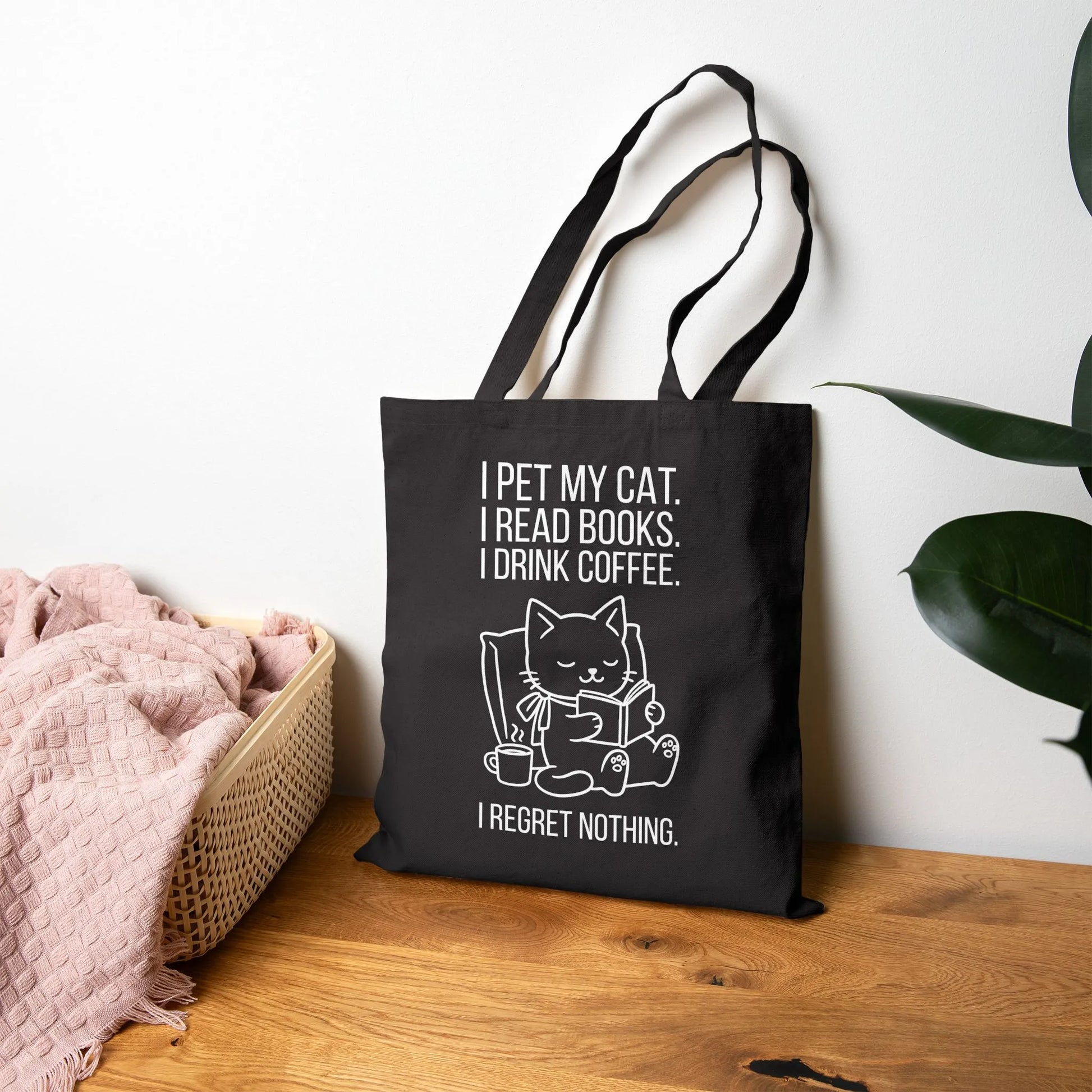 Cat. Books. Coffee. Tote Bag featuring a whimsical cat illustration with text: "I pet my cat. I read books. I drink coffee. I regret nothing." Perfect gift for readers.