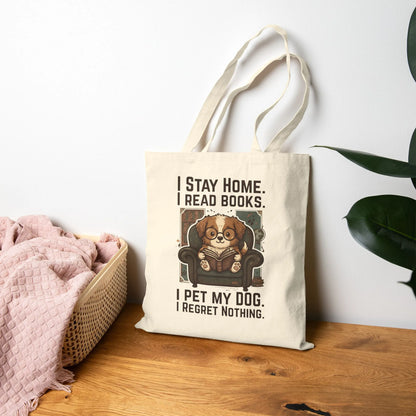 Library Dog Reader Tote Bag with a dog reading a book, featuring a cozy design for book lovers and dog lovers.